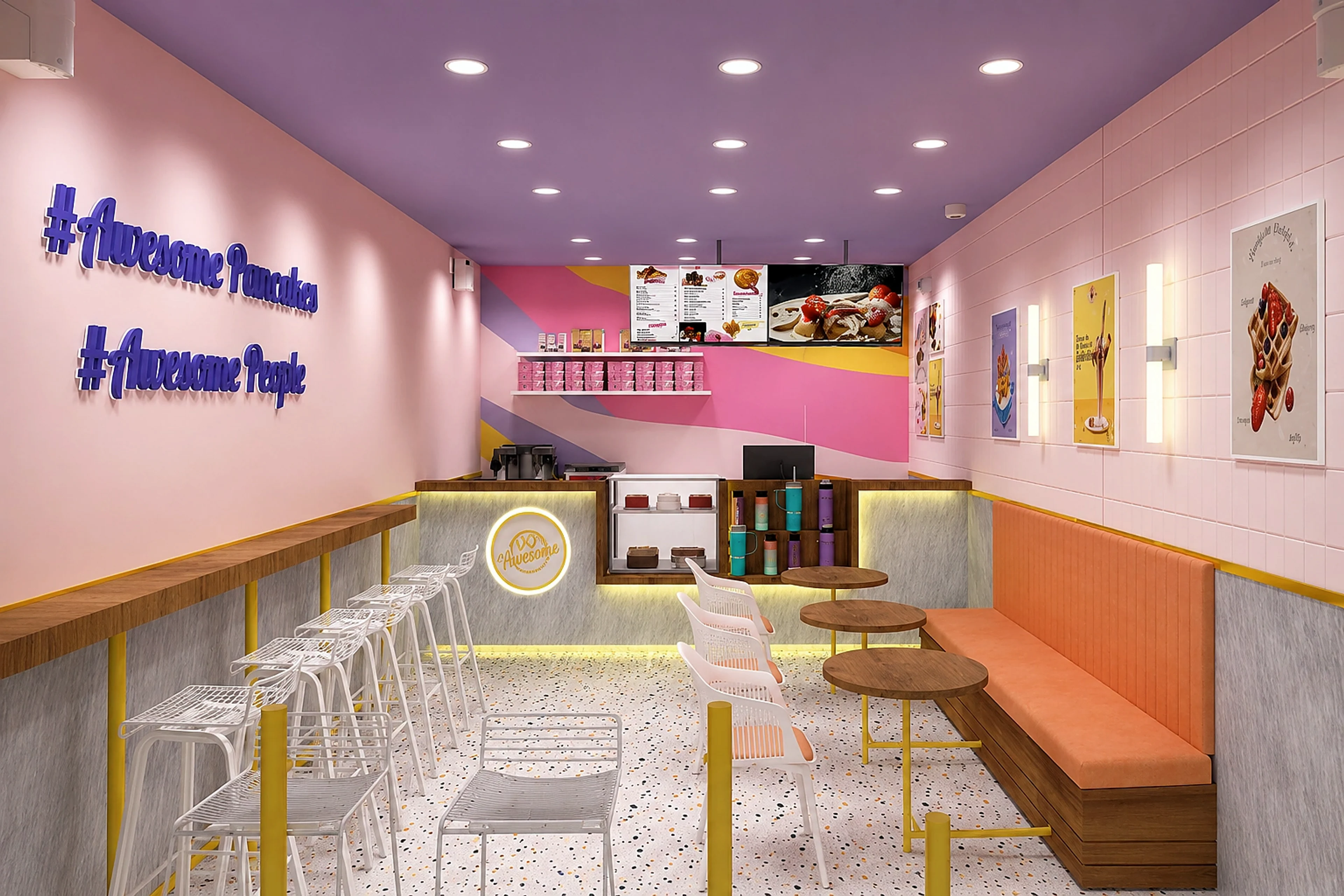 Cake shop interior with pastel walls, menu displays, counter lighting, and warm seating