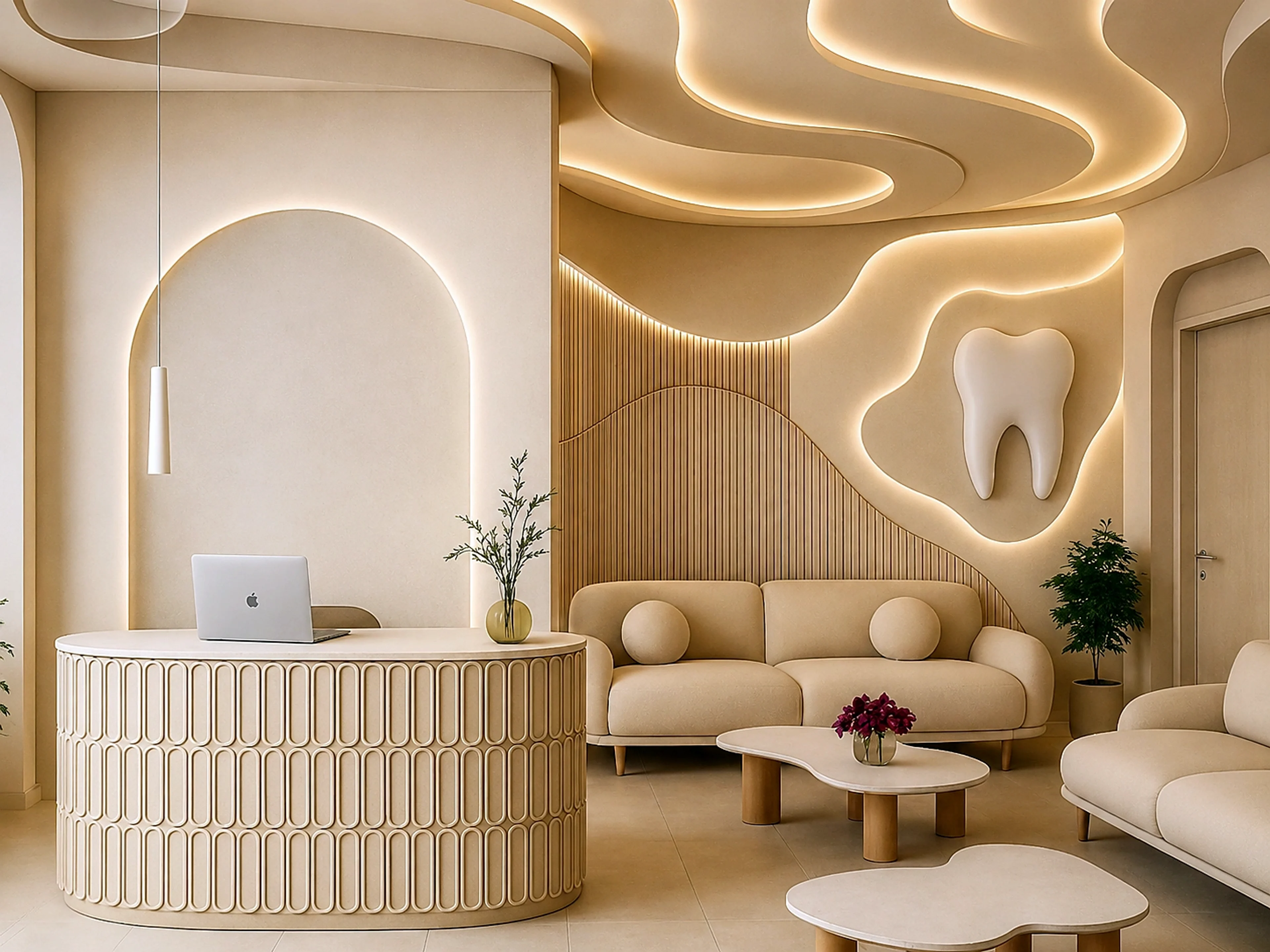 Dental clinic reception lounge with soft curved ceiling details and warm ambient lighting