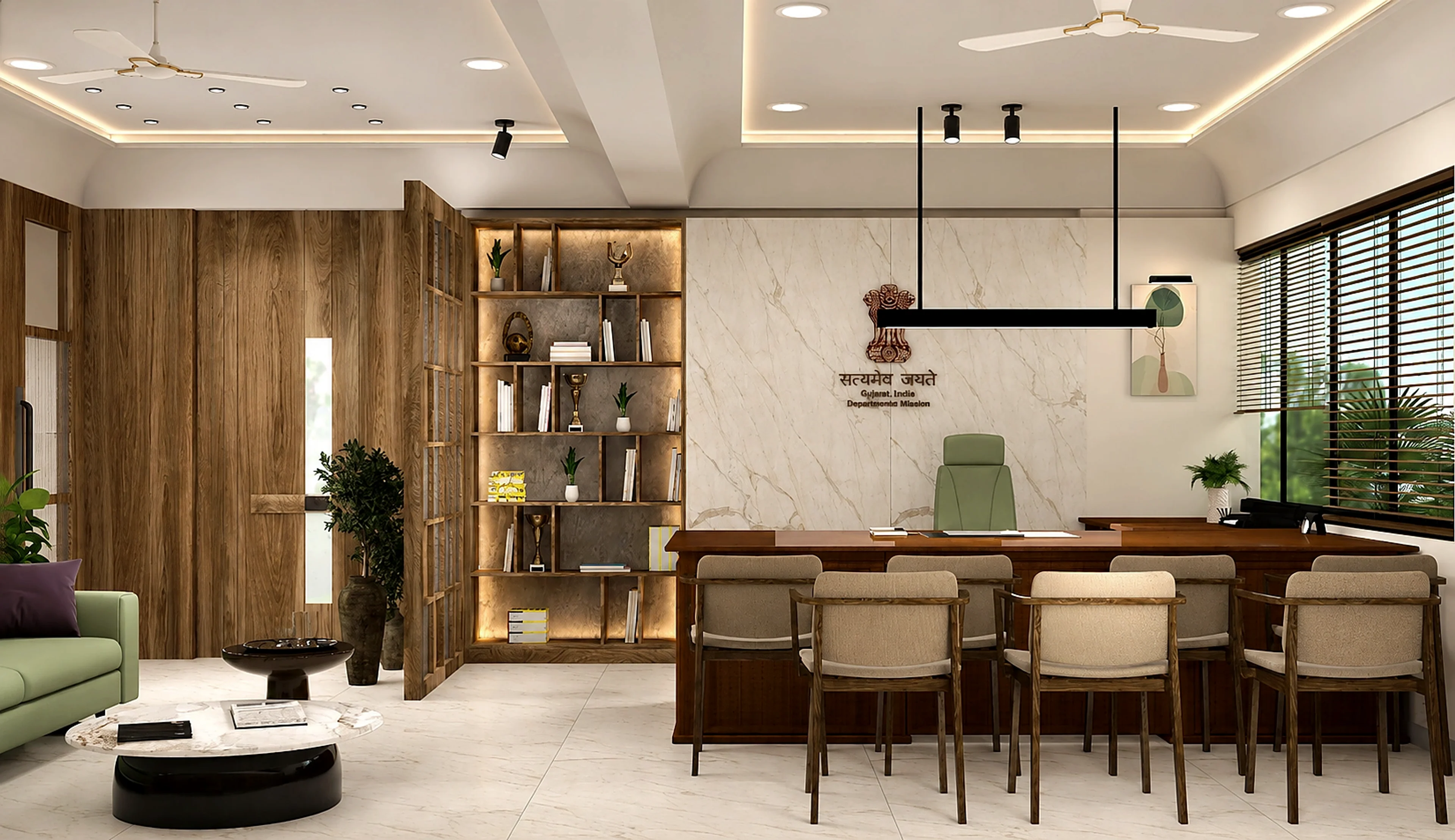 GUDCM executive cabin with warm wood, marble wall, sage seating, and meeting chairs