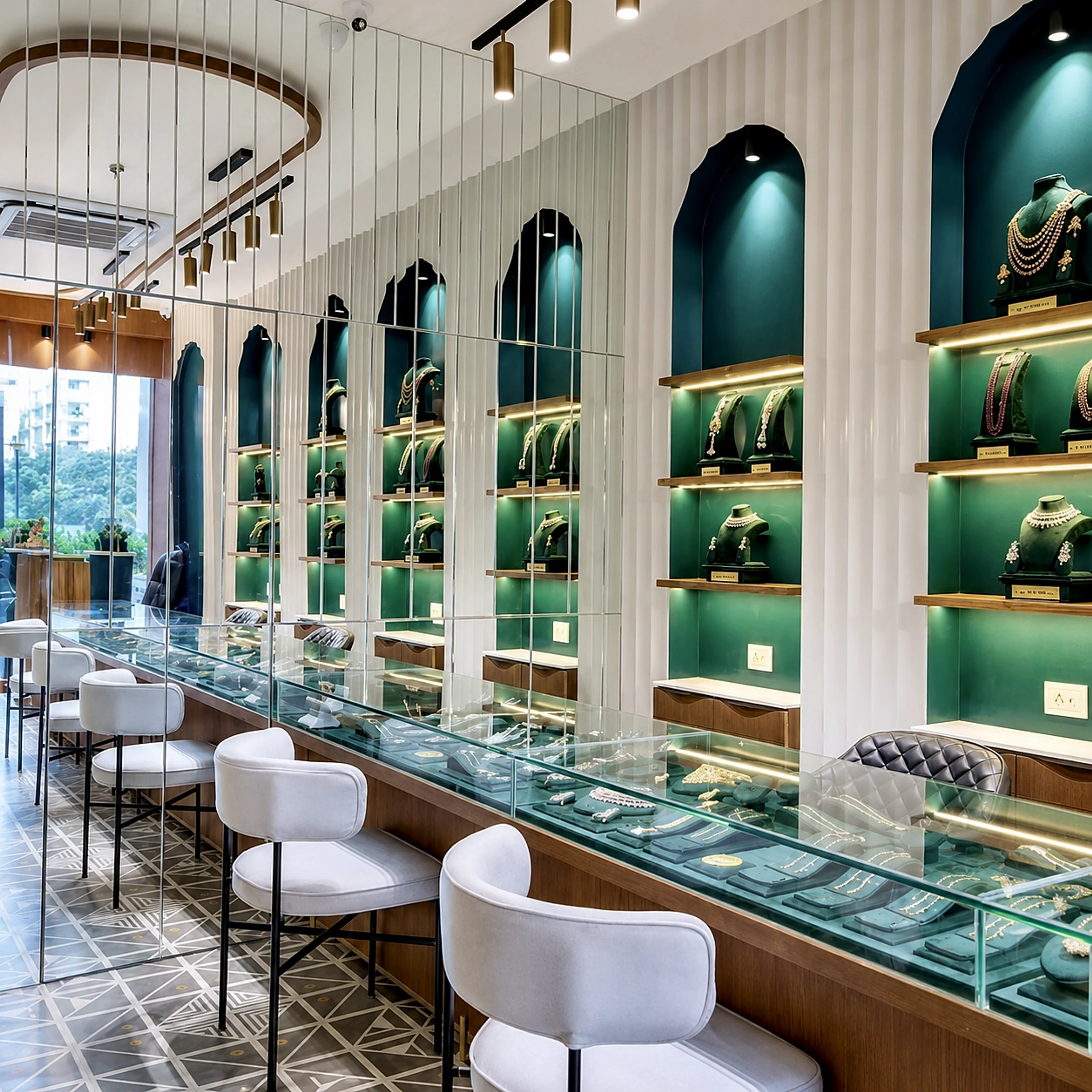 Jewellery showroom with arched green display niches, glass counters, and warm lighting