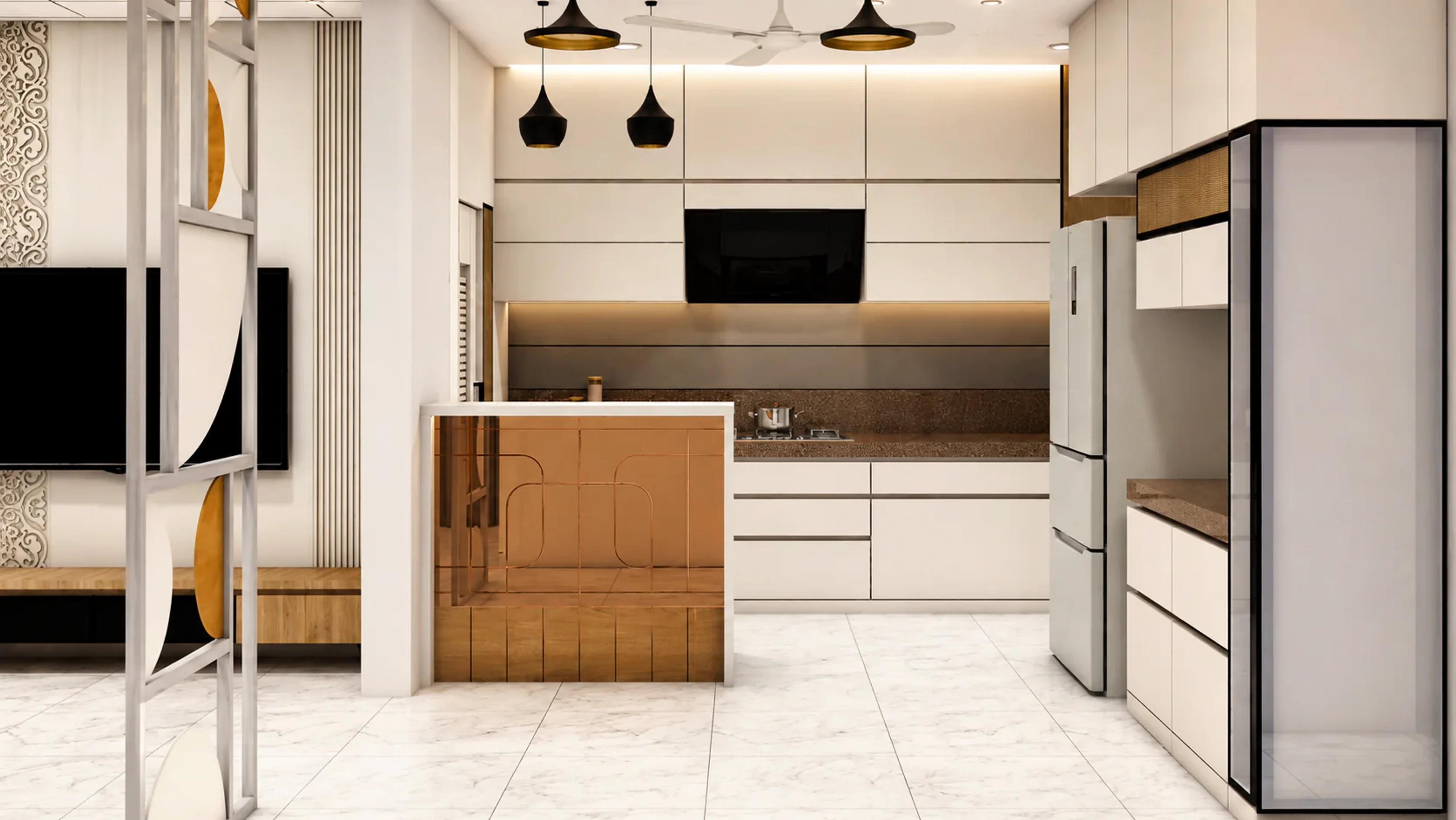 Soft Divide kitchen with geometric partition, warm bronze counter detail, and neutral cabinetry