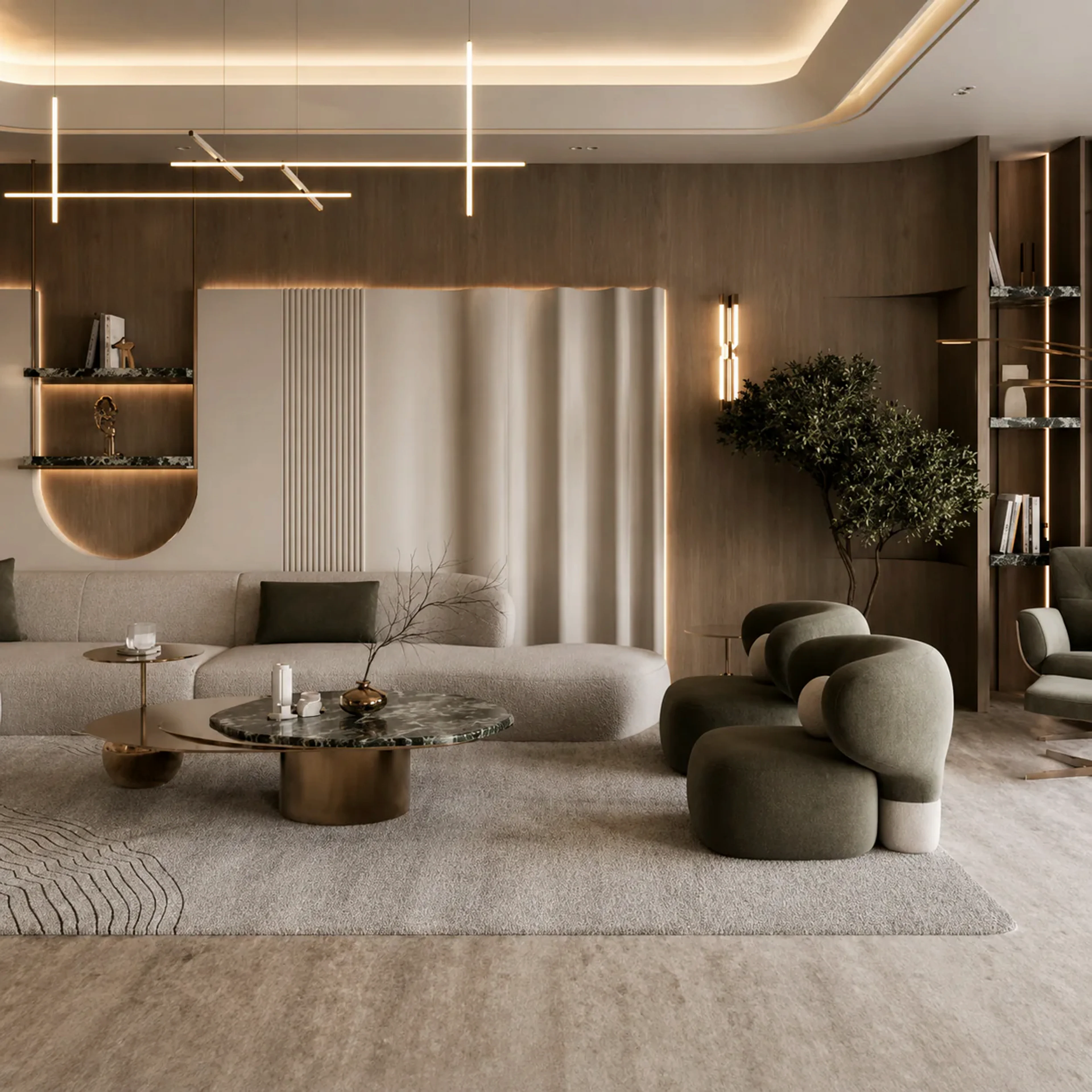 Stillstone living room with soft curved furniture, warm wood walls, and biophilic tree detail