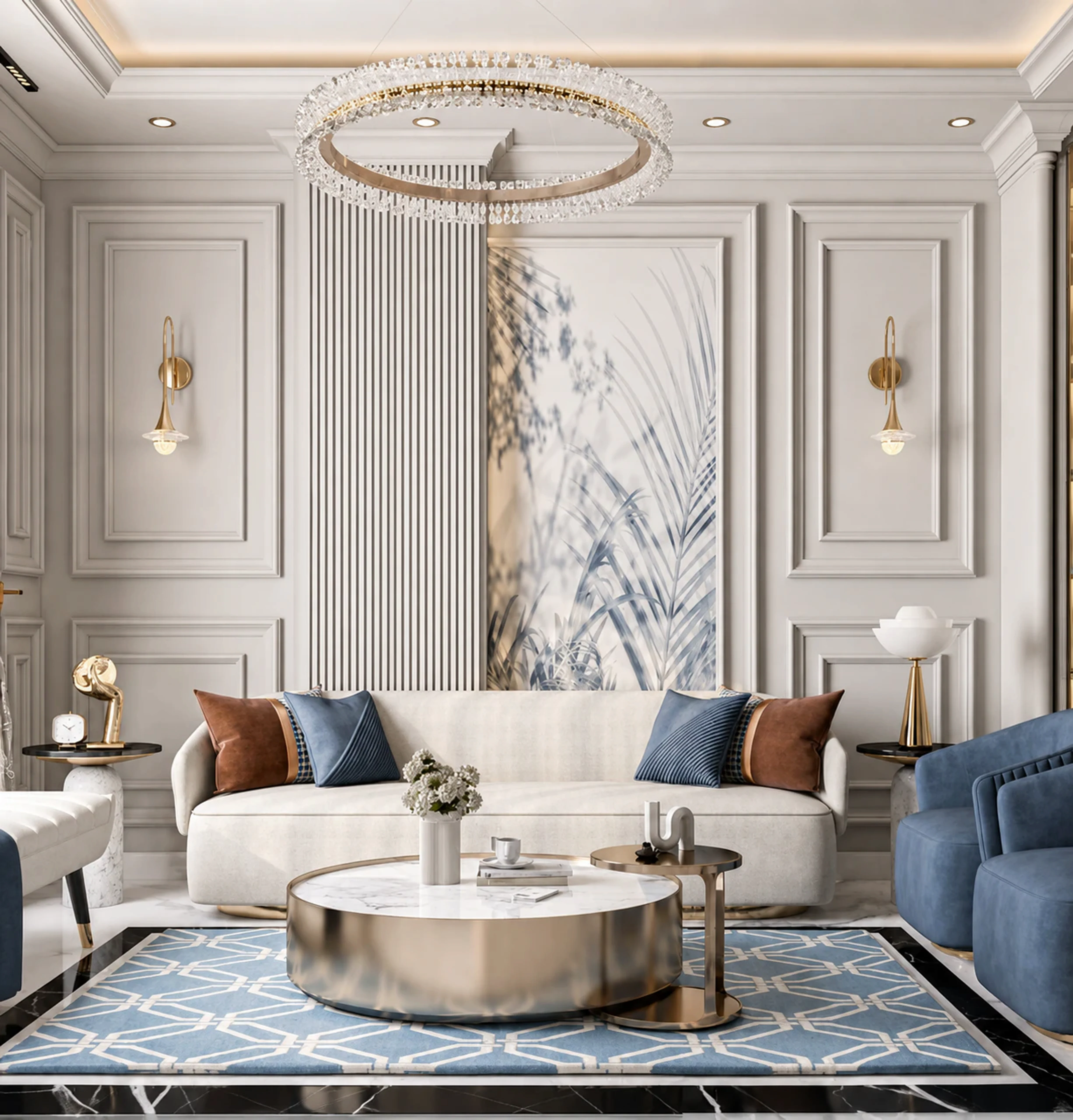 The Celeste Roman-Italian living room with classical wall moulding, chandelier, and soft blue accents
