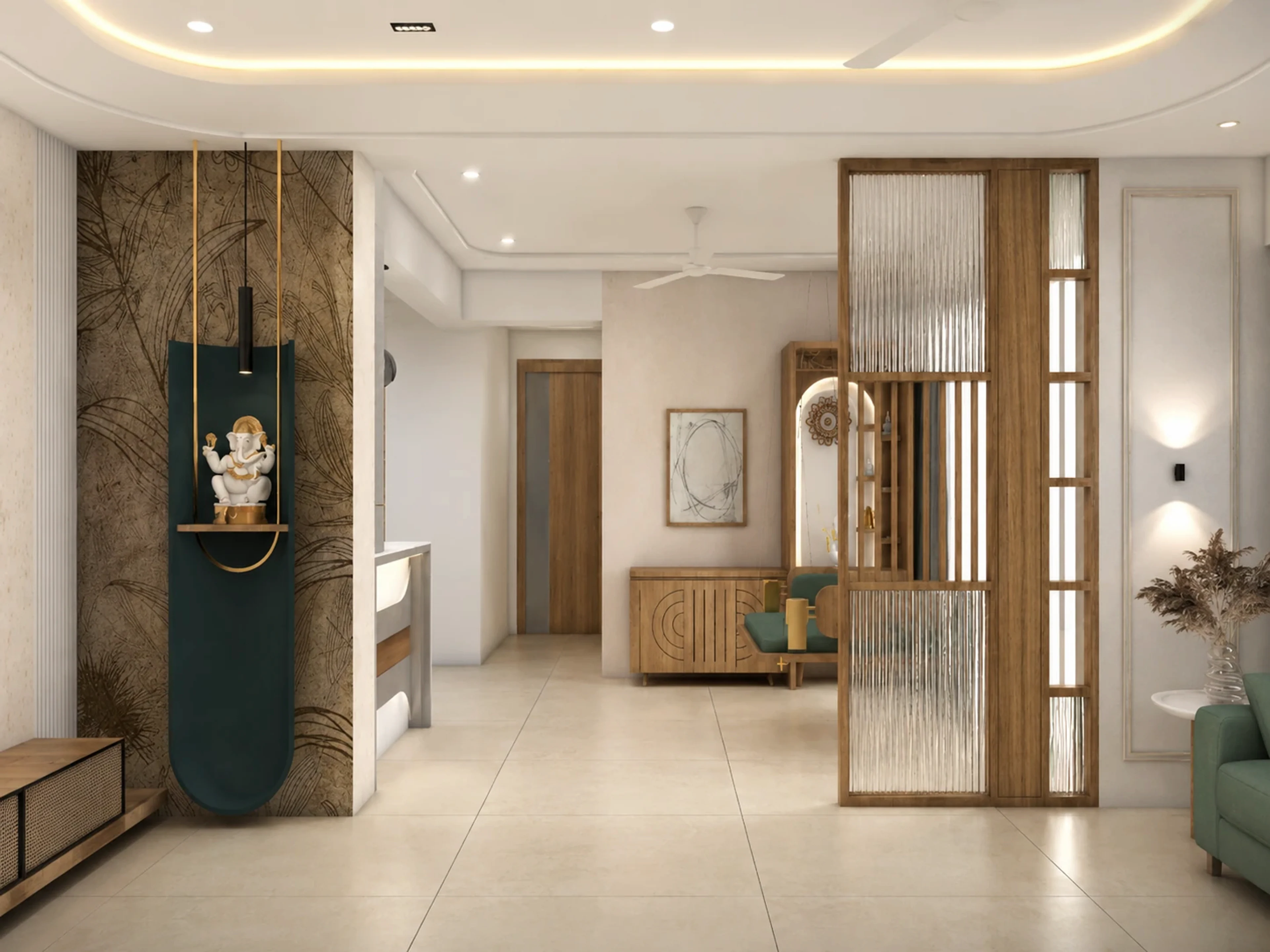 Veda residence arrival and living space with a custom Ganesha niche, timber divider, and soft neutral palette