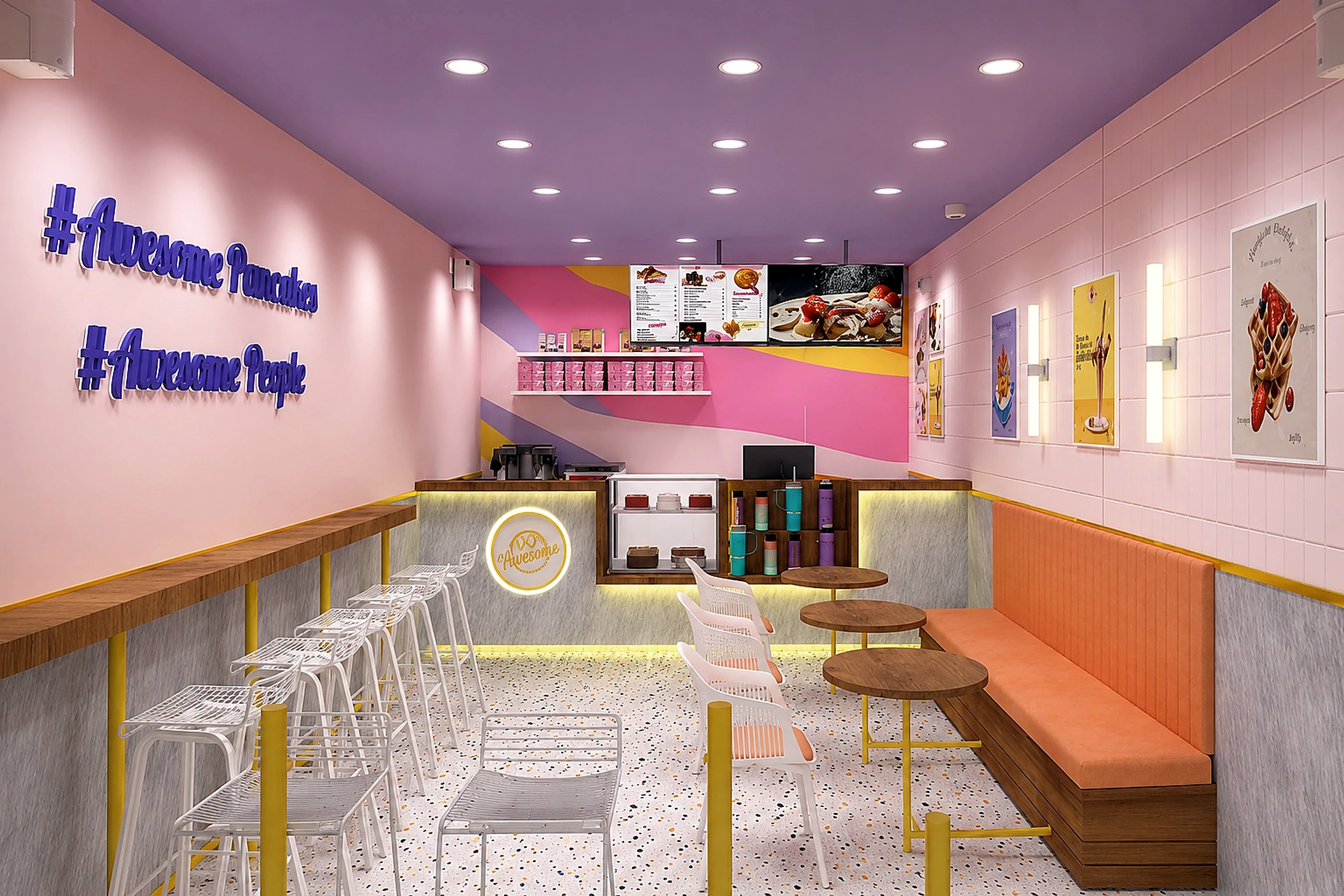 Cake shop interior with pastel seating, counter, and playful wall graphics