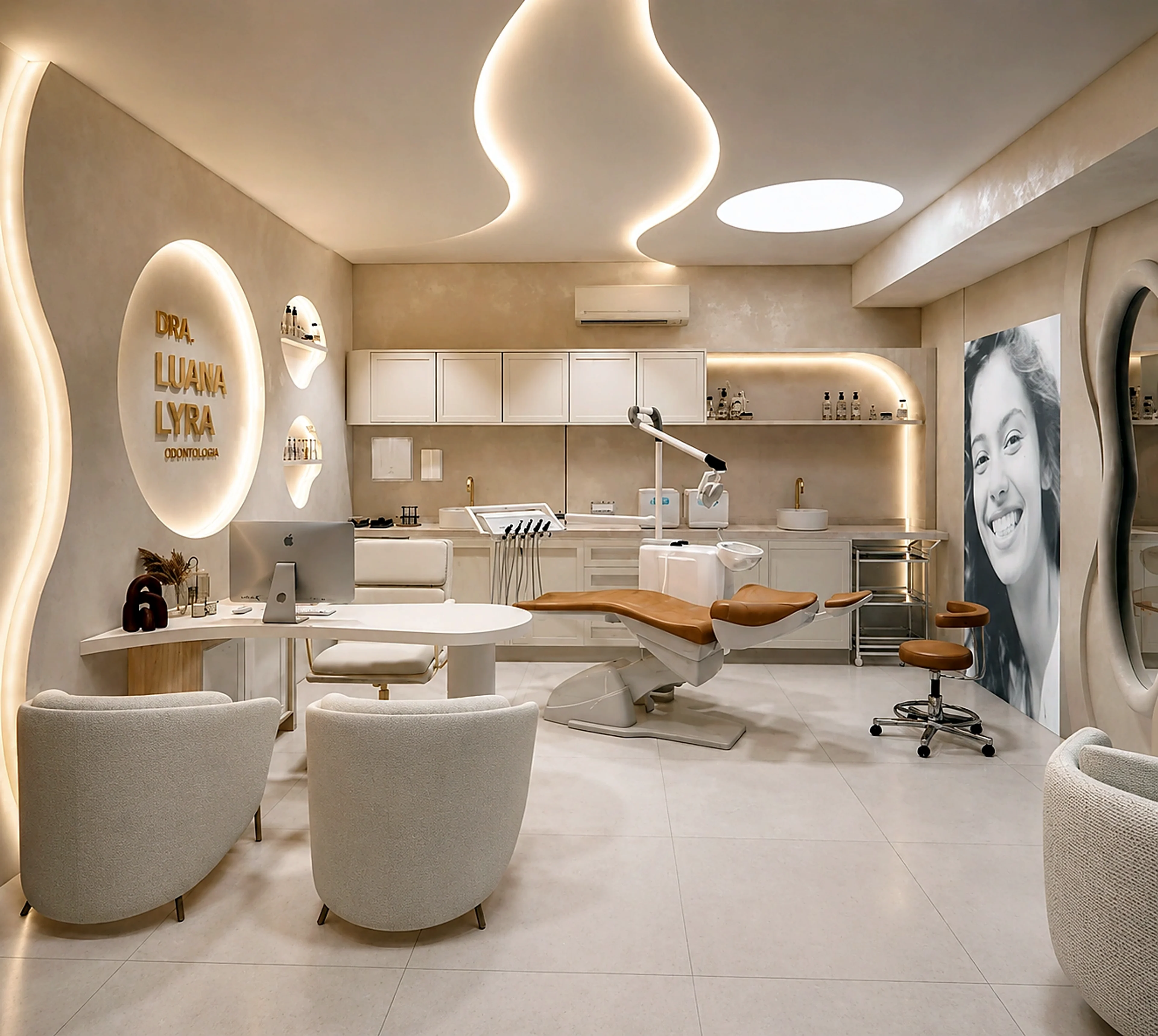 Dental clinic interior with soft curves, treatment chair, and warm lighting