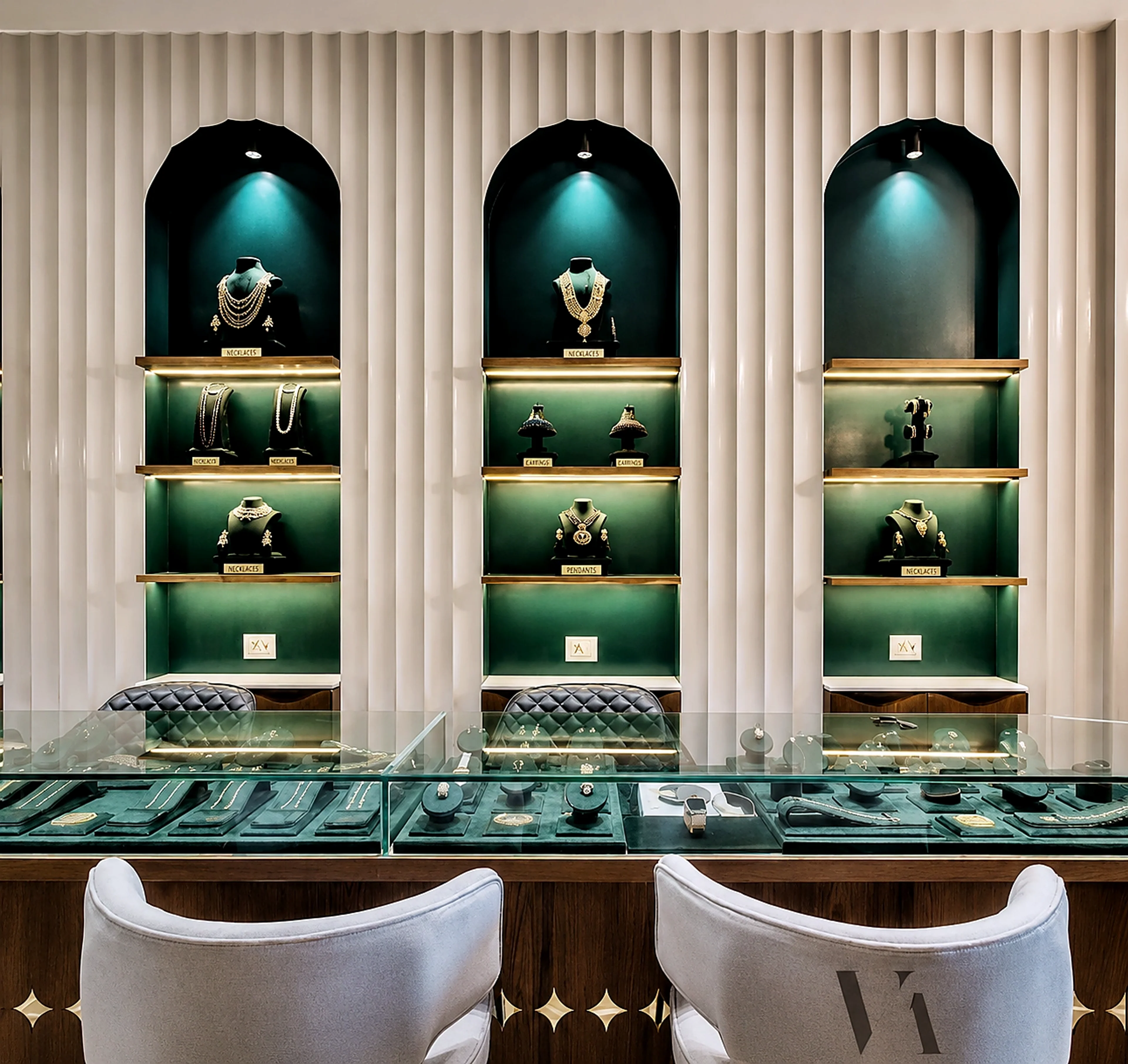 Jewellery shop interior with green display niches and glass counters