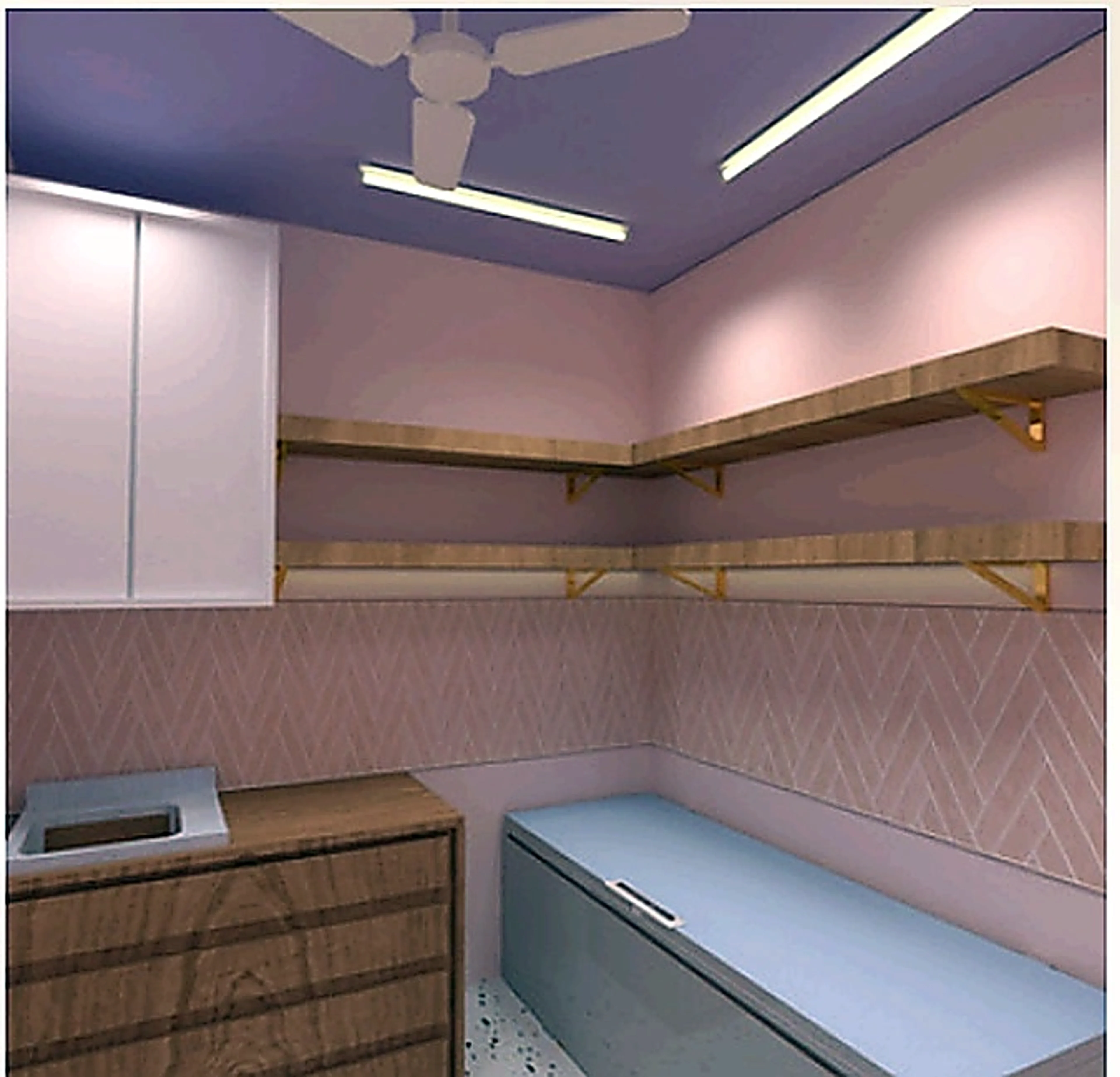 Cake shop preparation corner with pink walls, wood shelving, and clean counters