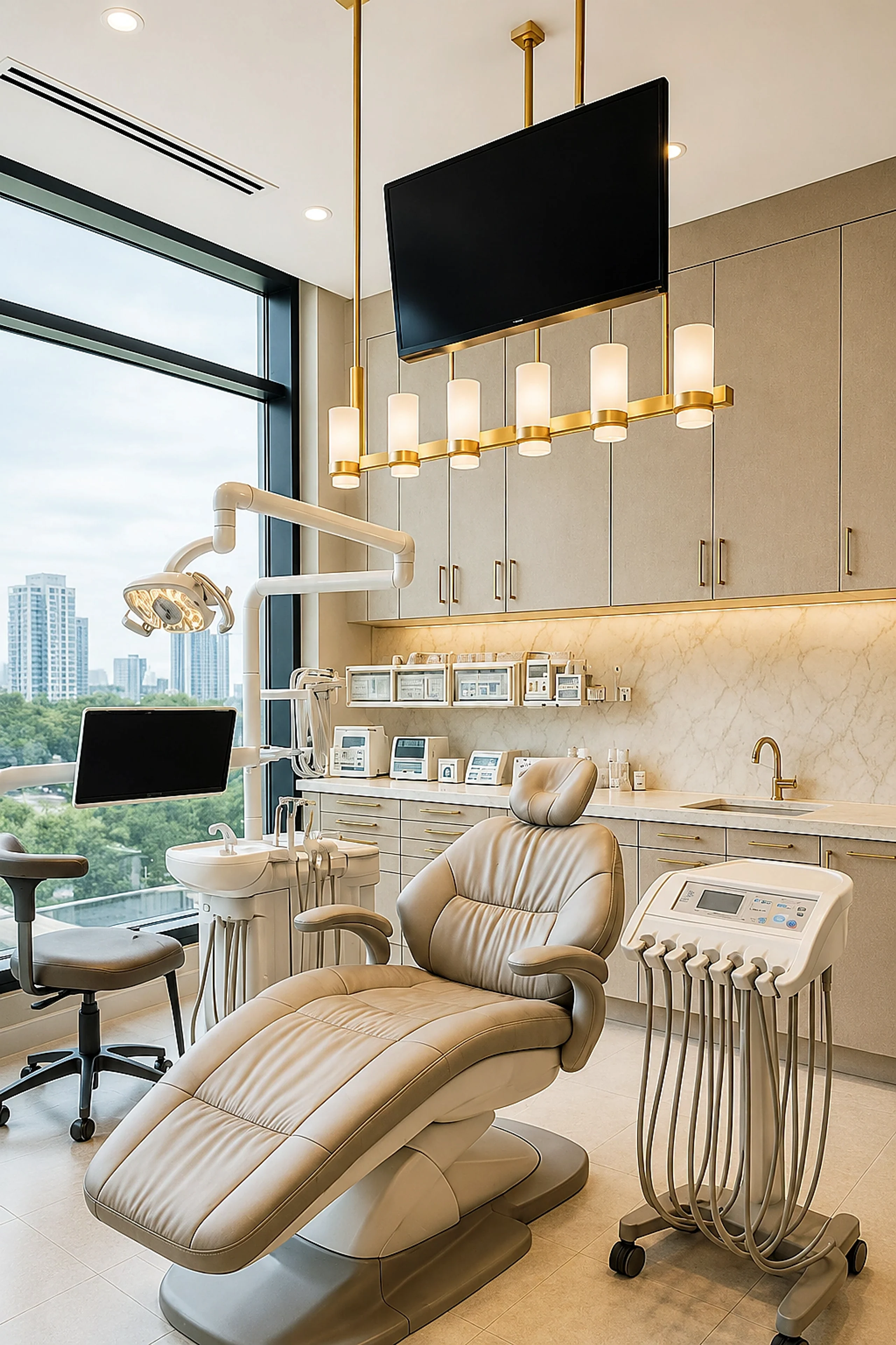 Dental clinic treatment room with premium chair, city view, and warm gold lighting accents