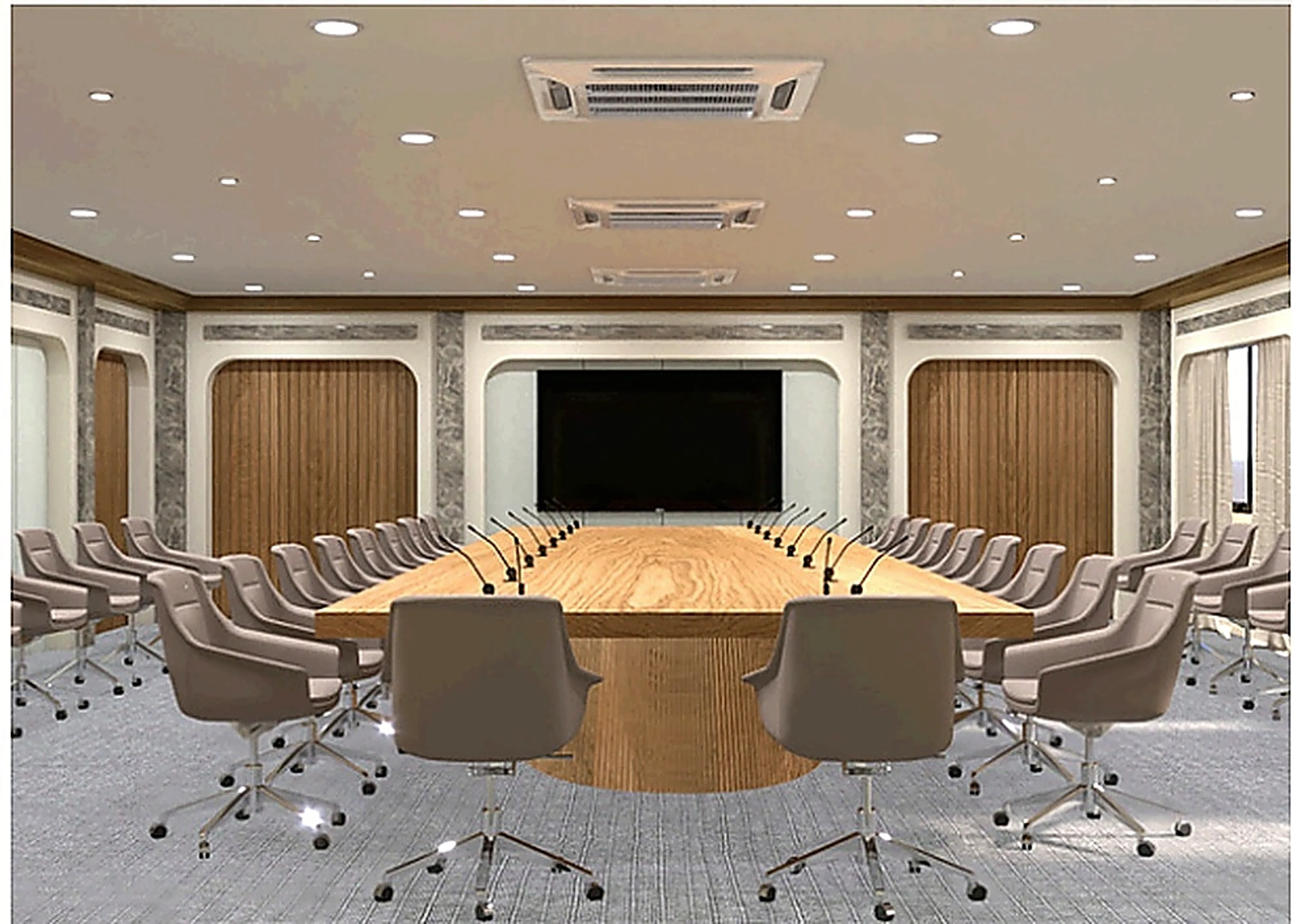 GUDCM conference room with long meeting table, acoustic wall panels, and executive seating