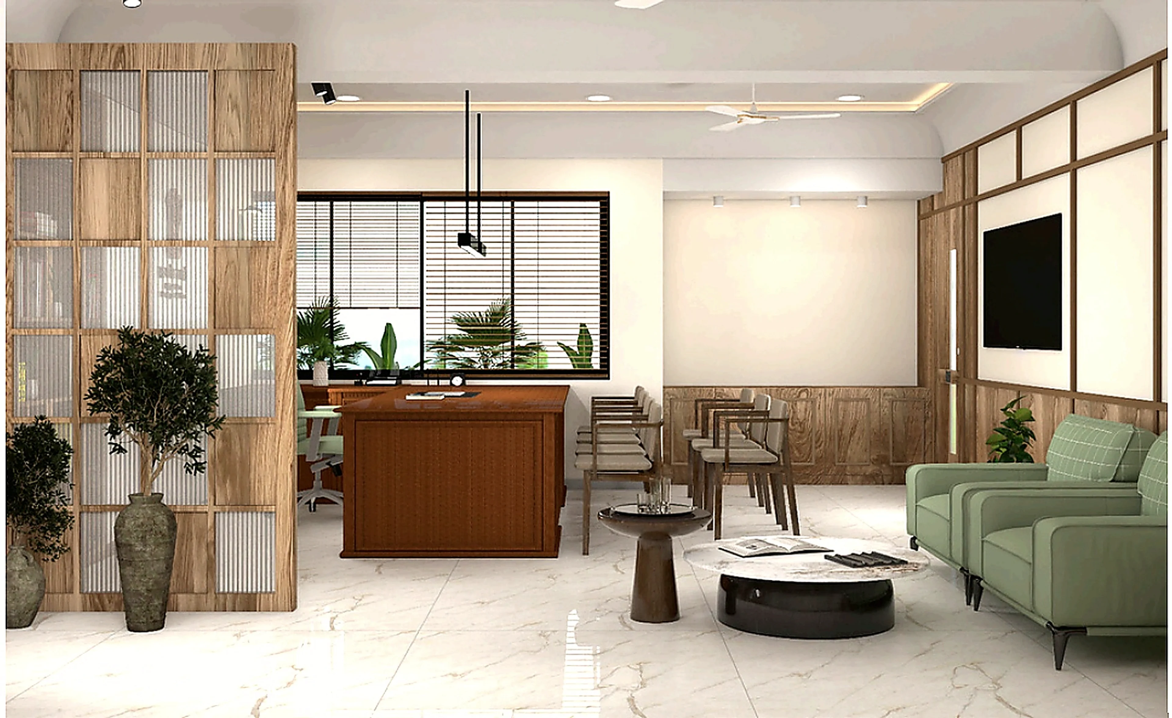 GUDCM reception and executive office area with wood privacy partition and sage lounge seating