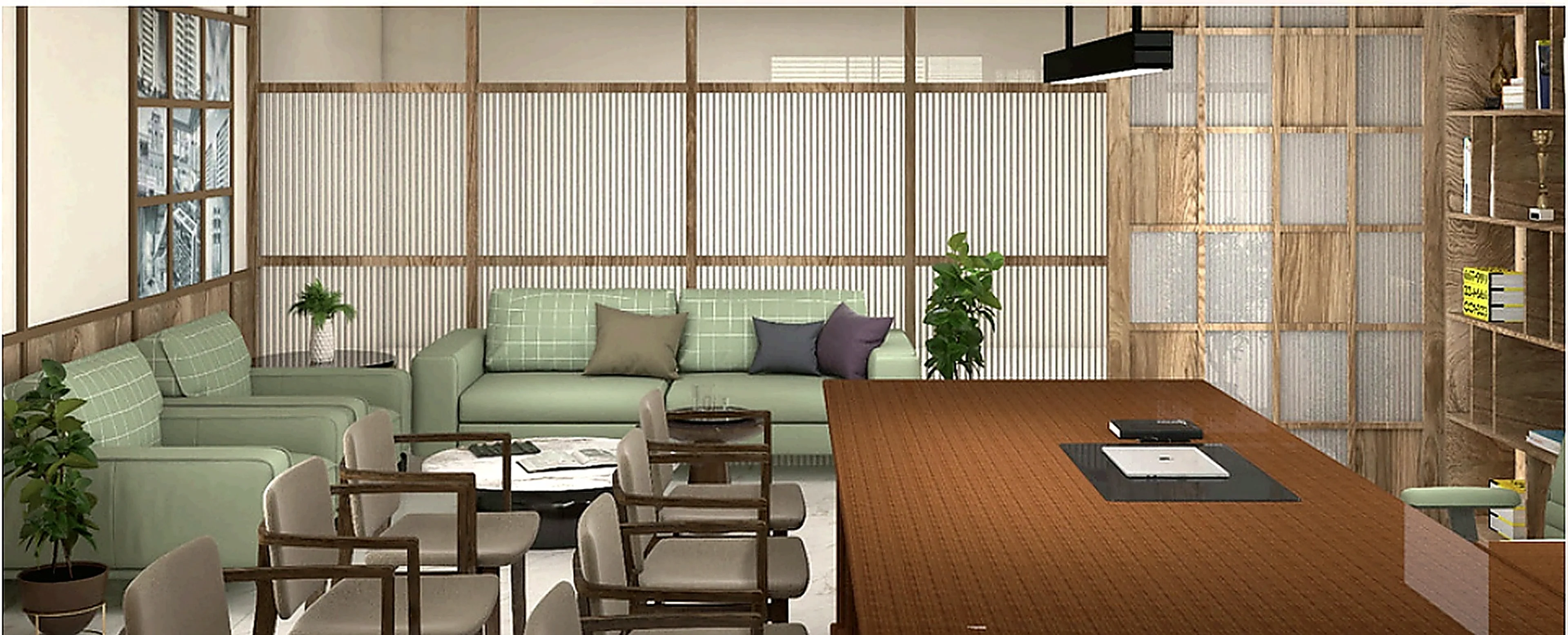 GUDCM waiting and reception area with sage sofas, wood partitions, and indoor greenery