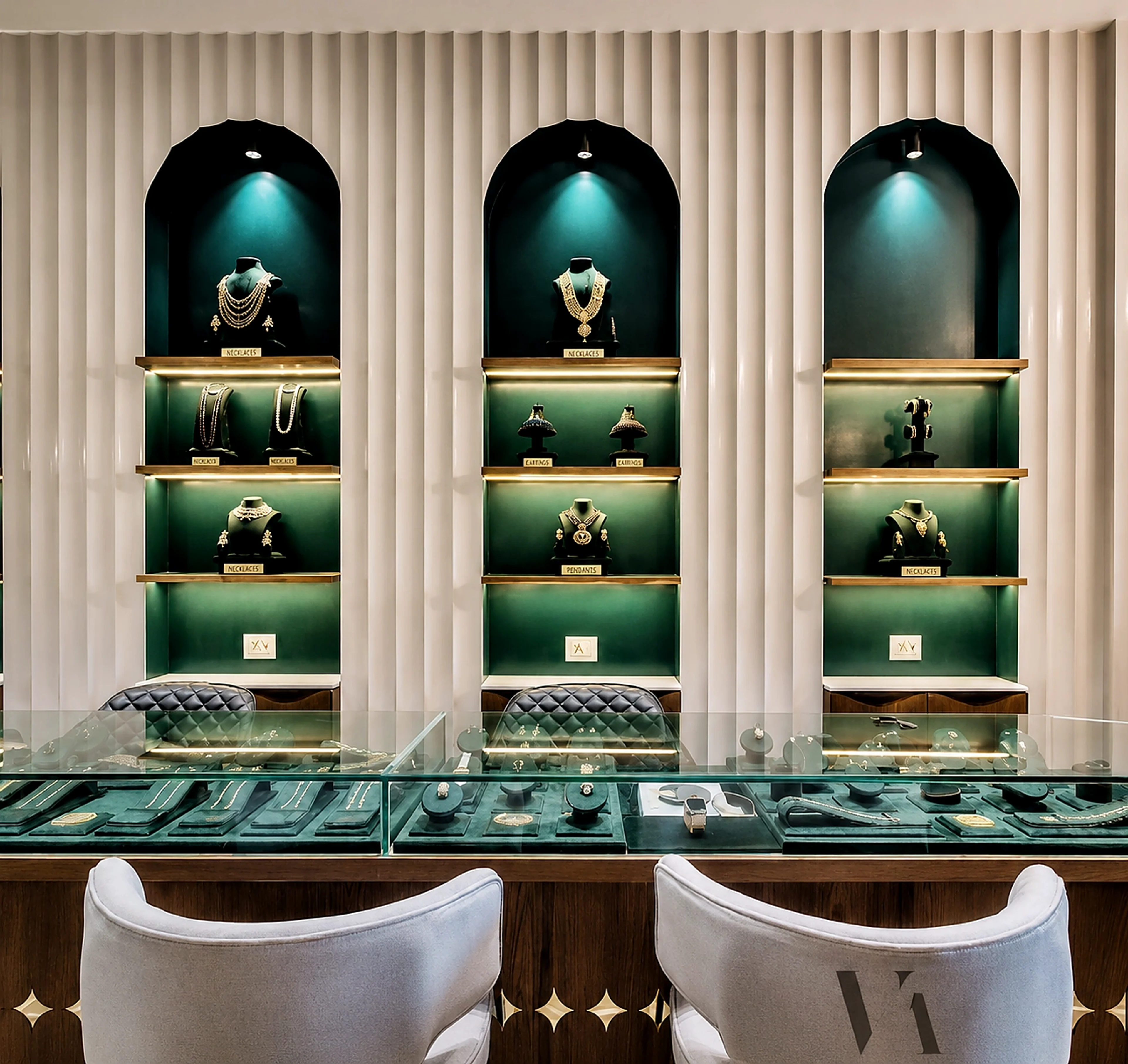 Jewellery showroom display wall with premium green niches and illuminated necklace shelves