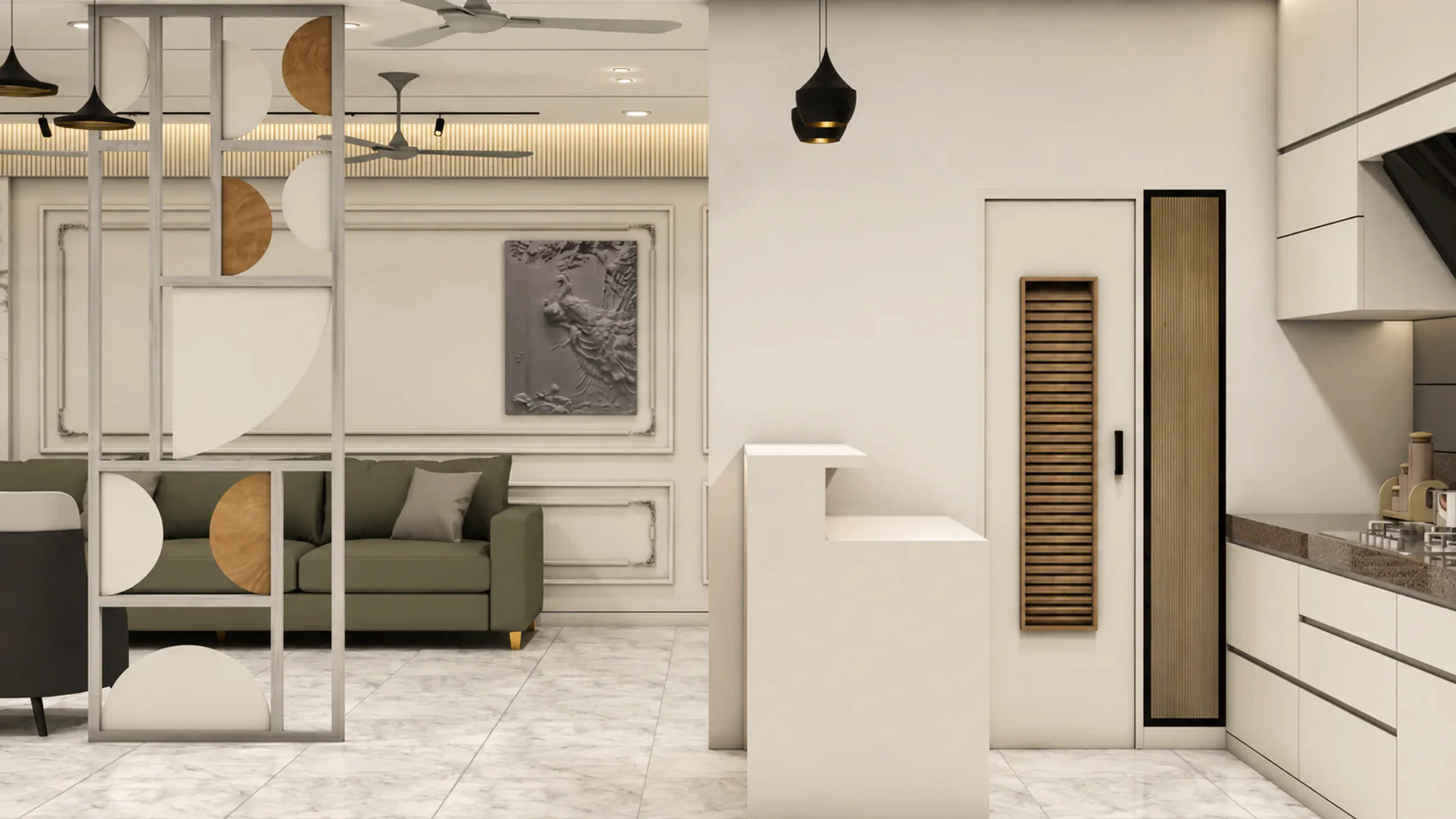 Soft Divide residence with partition screen, sofa, and open kitchen