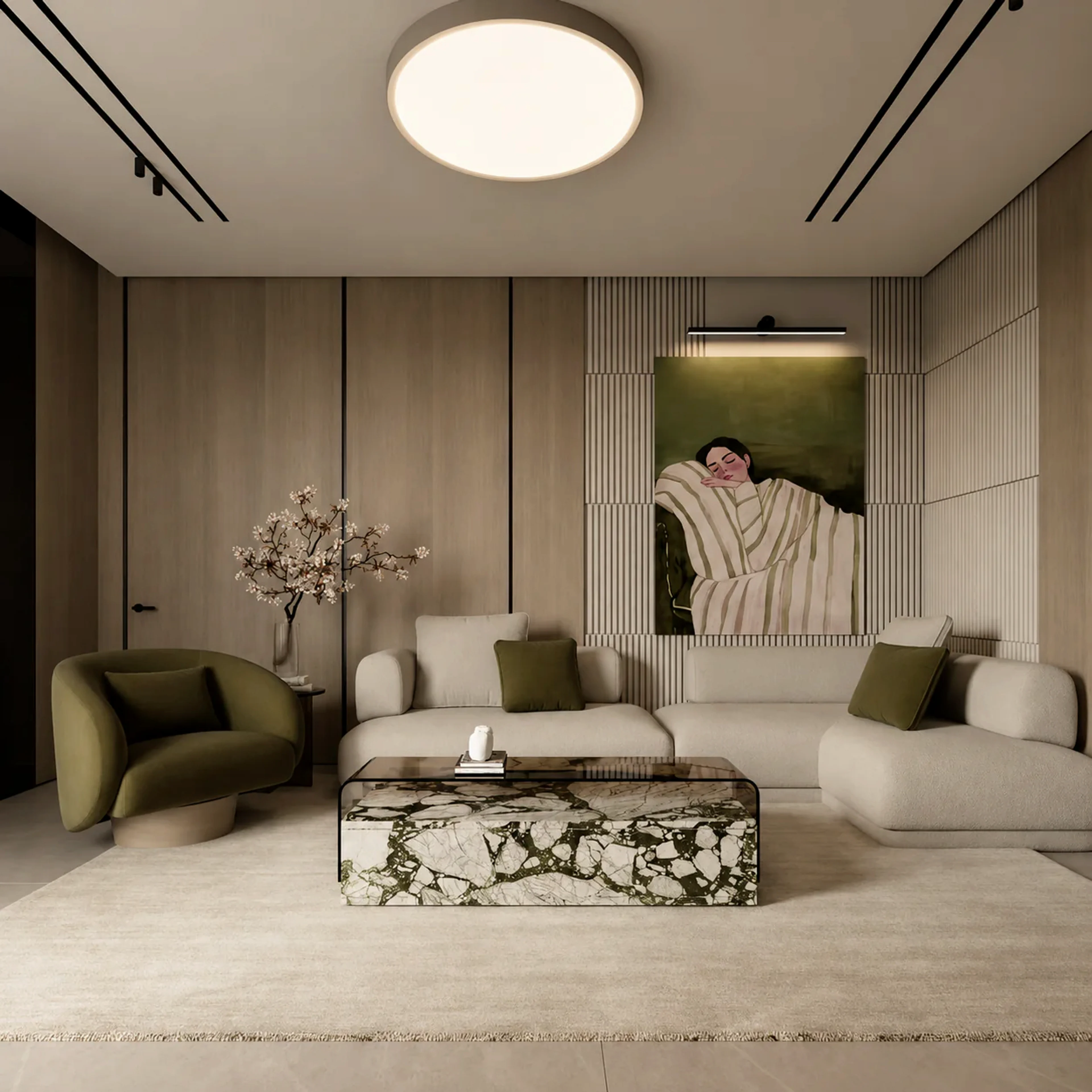 Stillstone residential living room with soft seating and warm wall panels