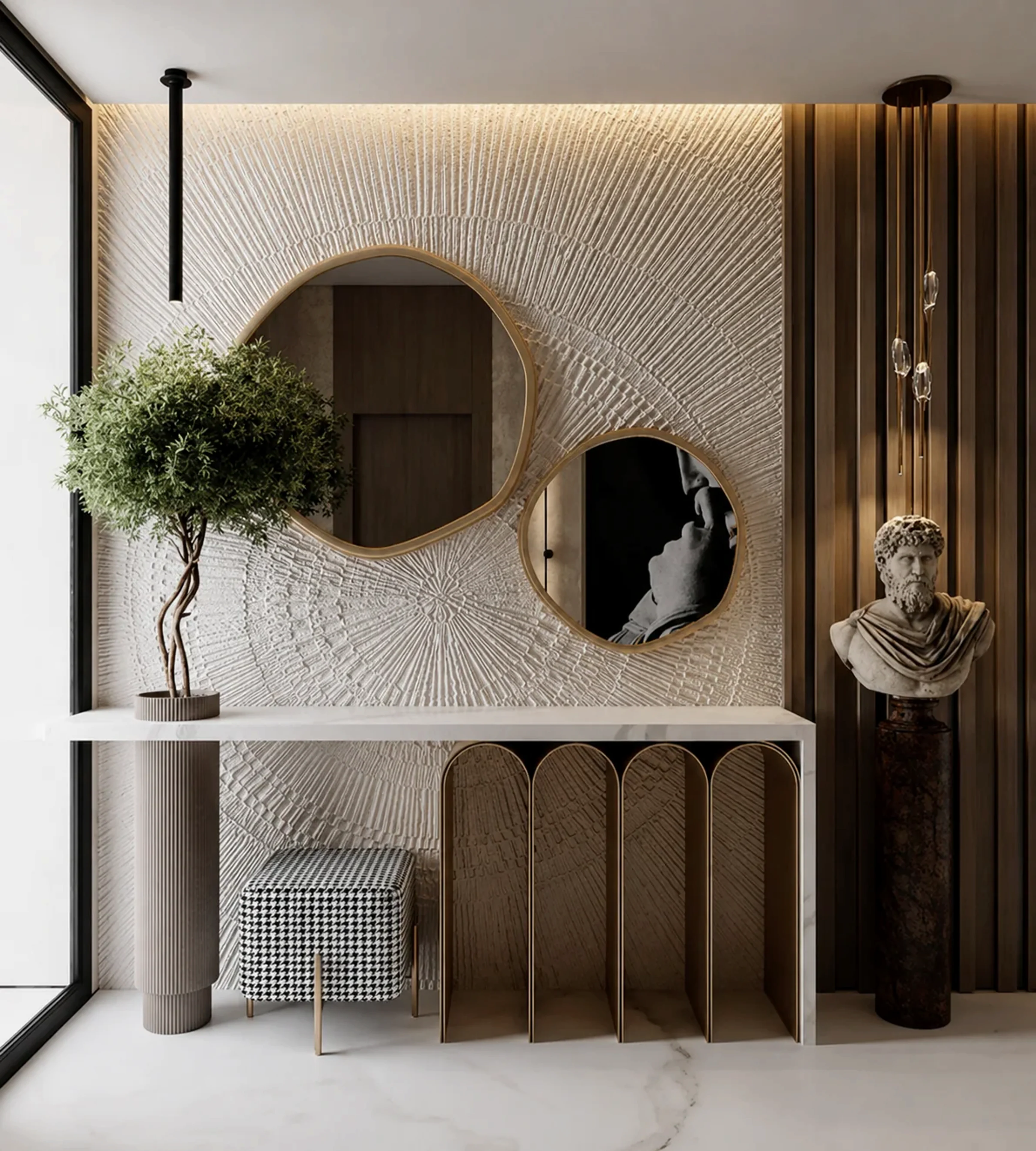 The Celeste entry console with sculptural mirrors and textured wall