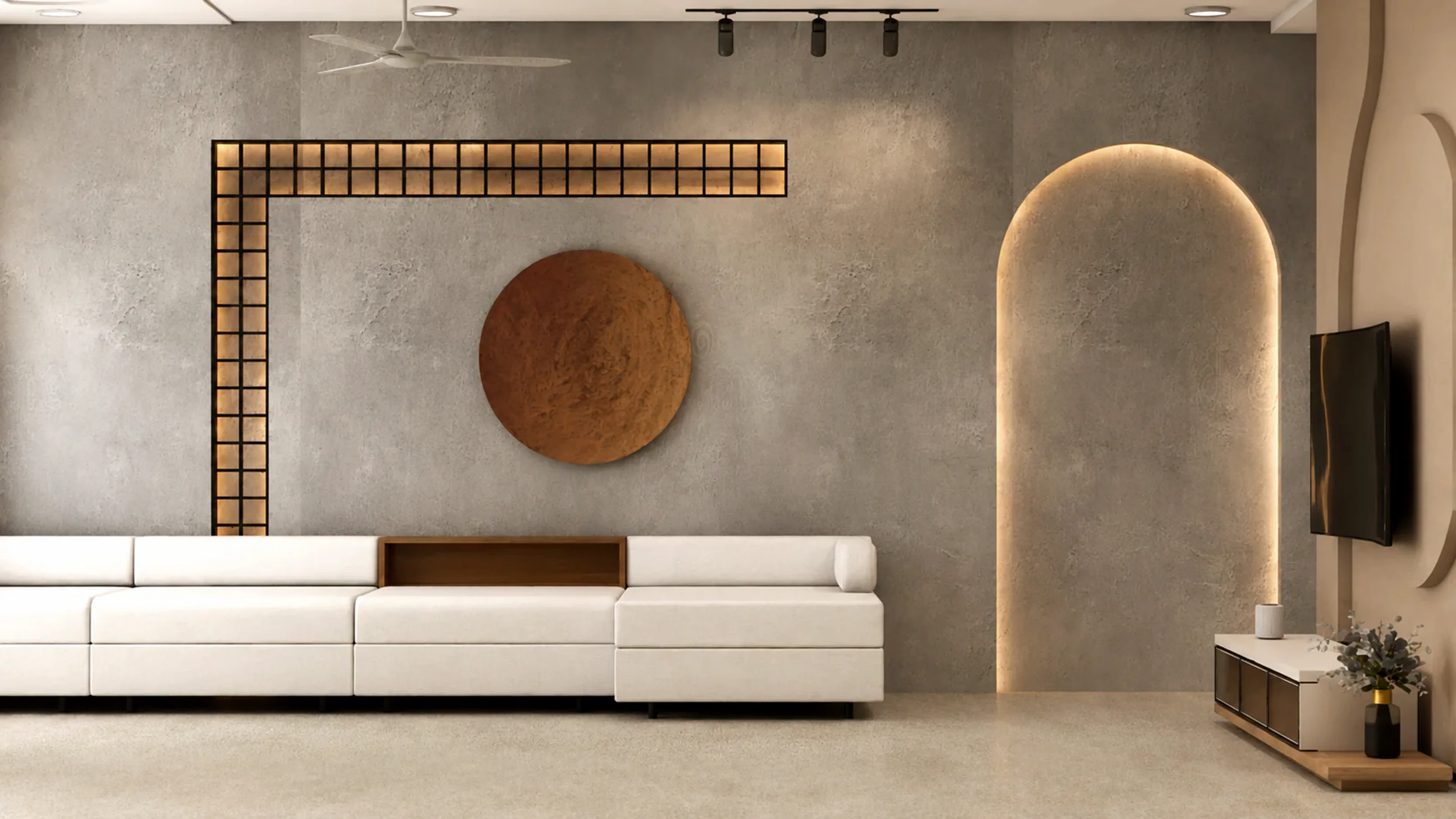 The Quiet Home living room with illuminated arch wall and neutral sectional