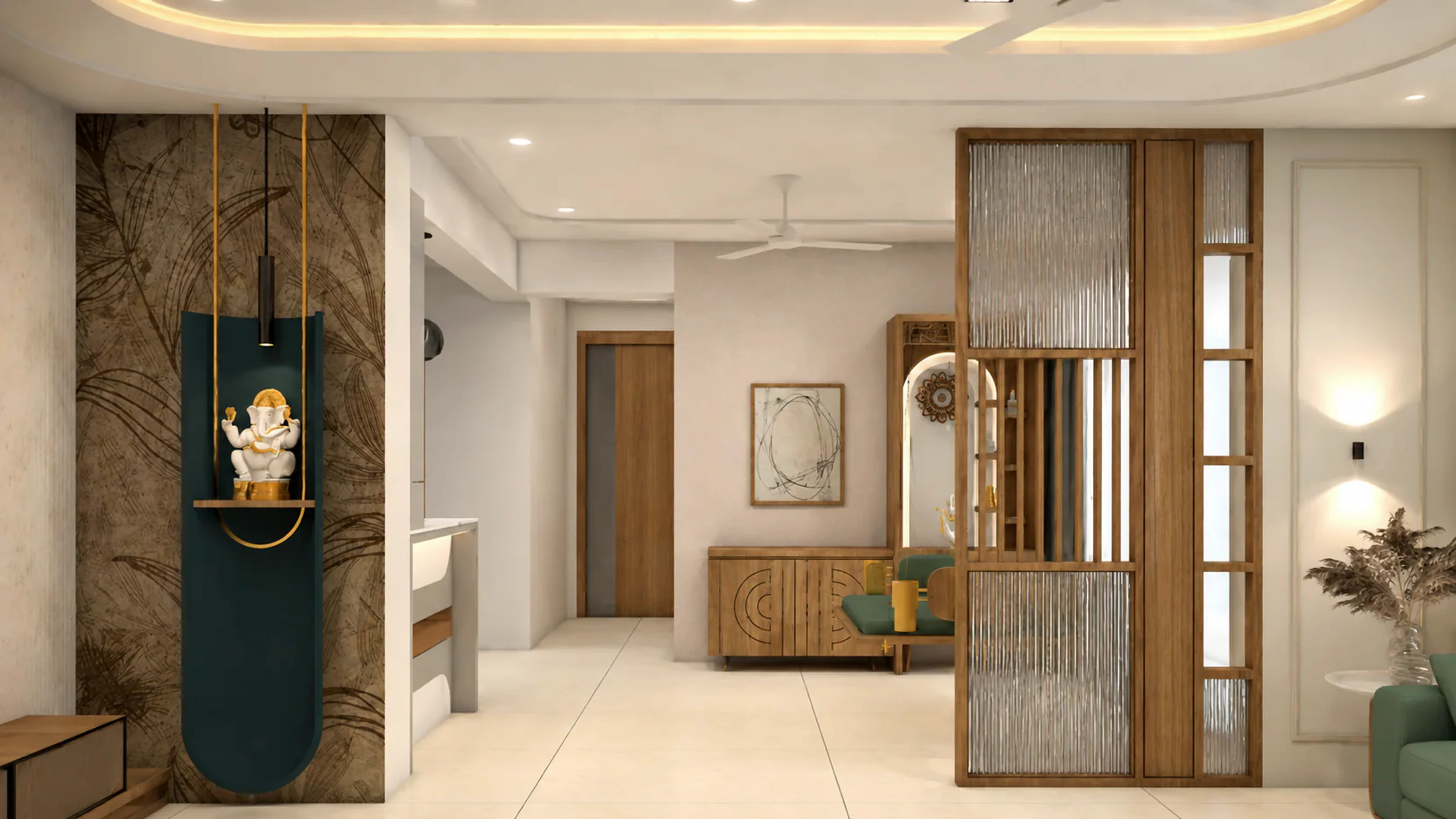 Veda residence with warm shrine wall, glass partition, and soft lighting