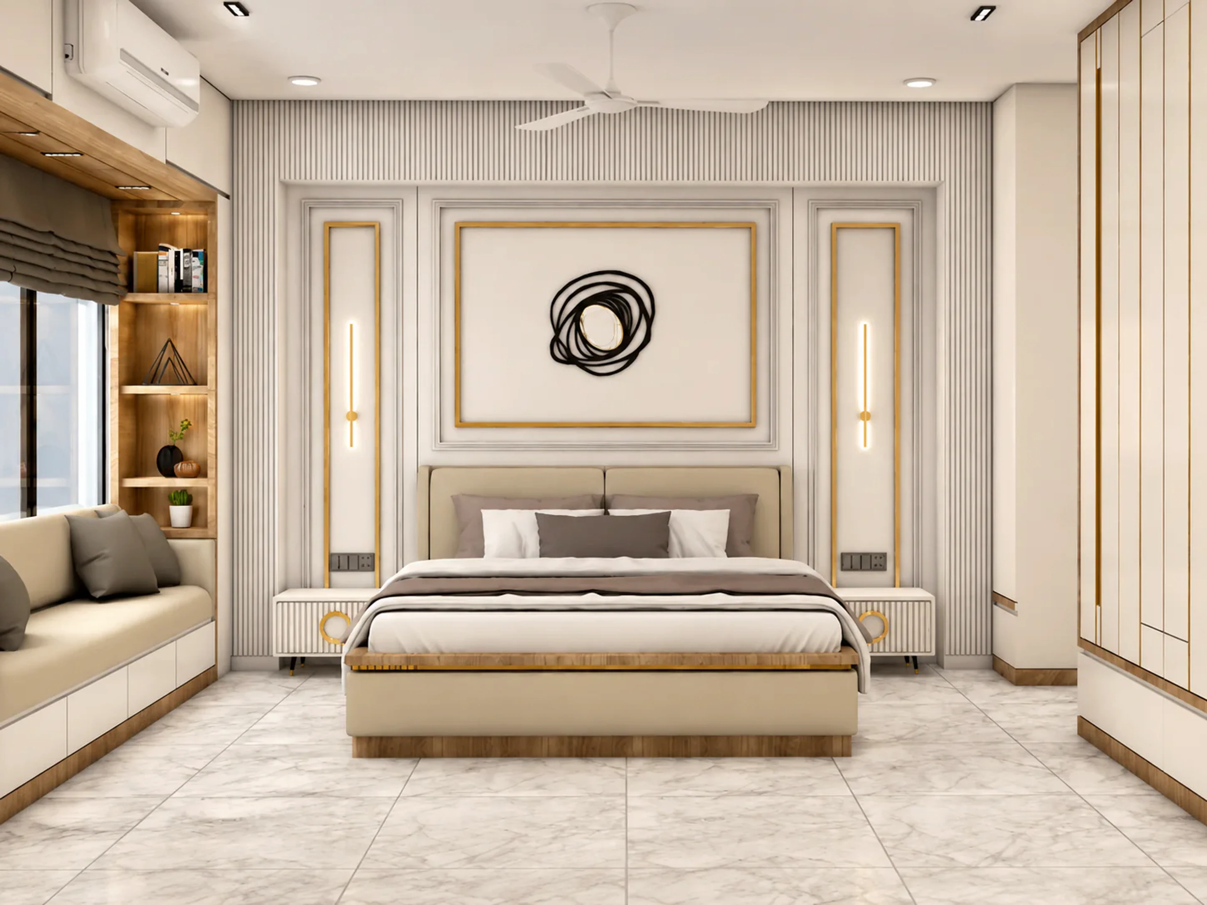 Soft Divide bedroom with gold trim, clean paneling, and soft bedside lighting
