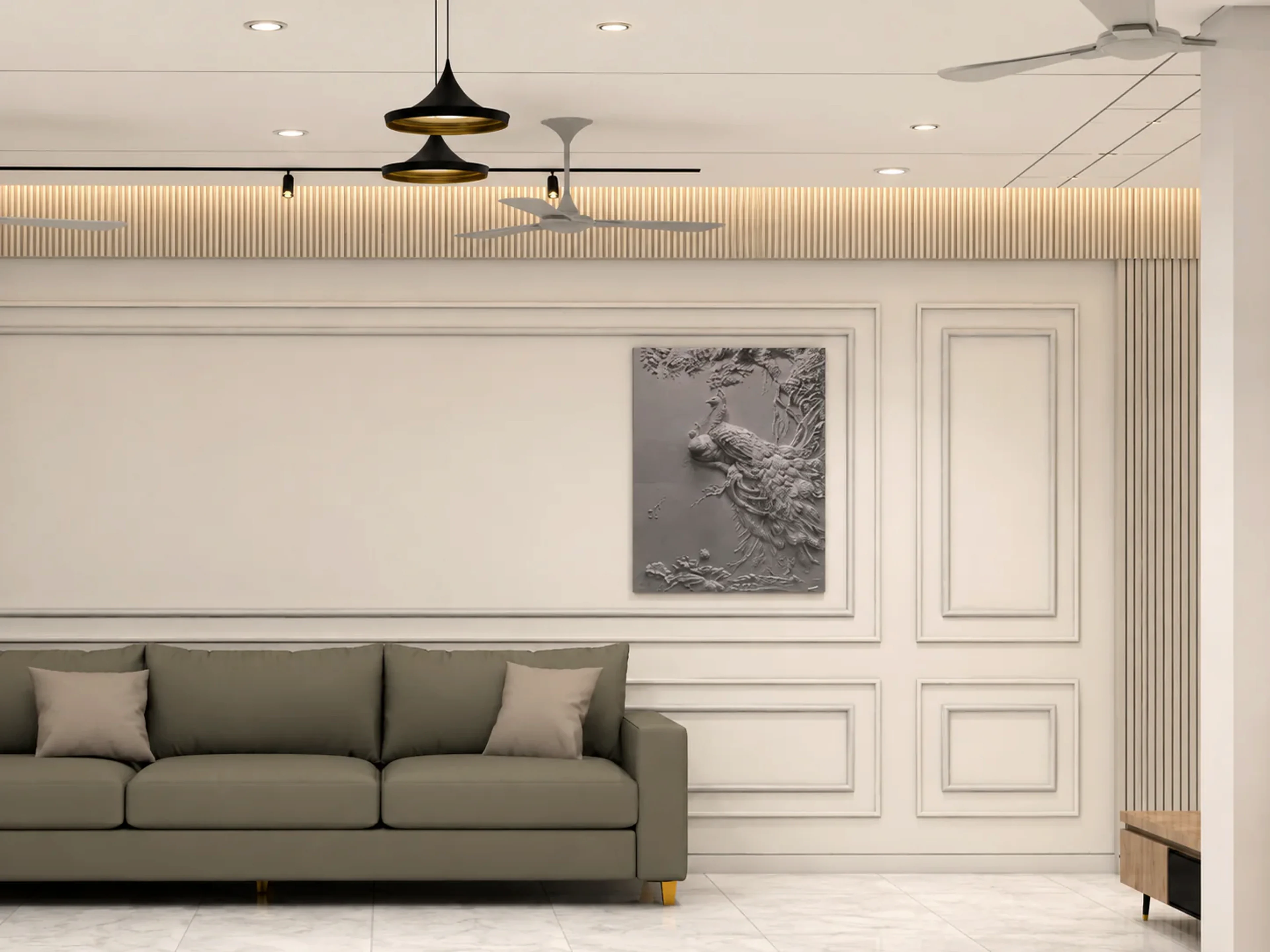 Soft Divide living area with framed accent wall, grey sofa, and layered ceiling lighting
