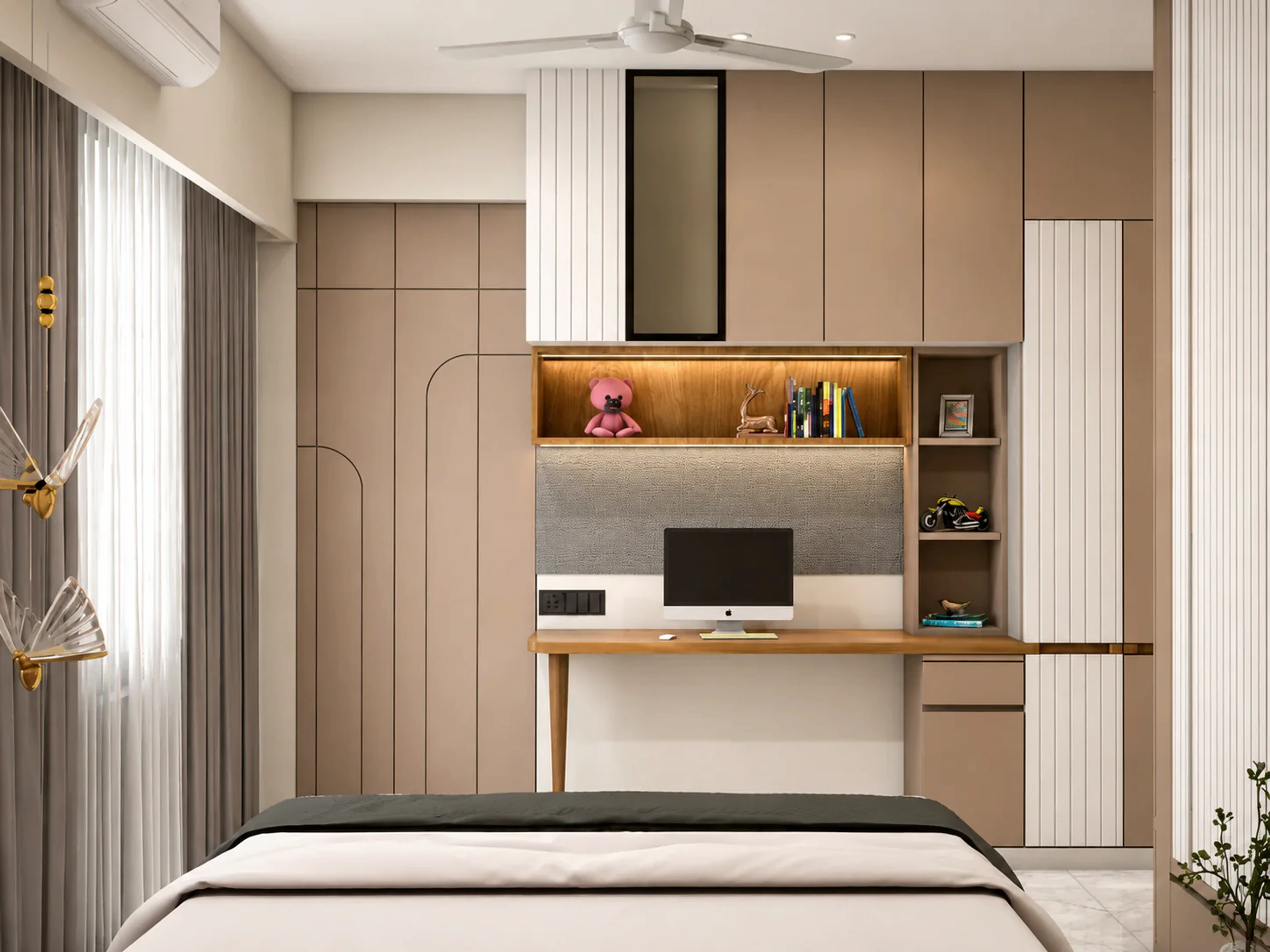 Soft Divide bedroom study wall with dusty rose cabinetry, wood desk, and integrated lighting