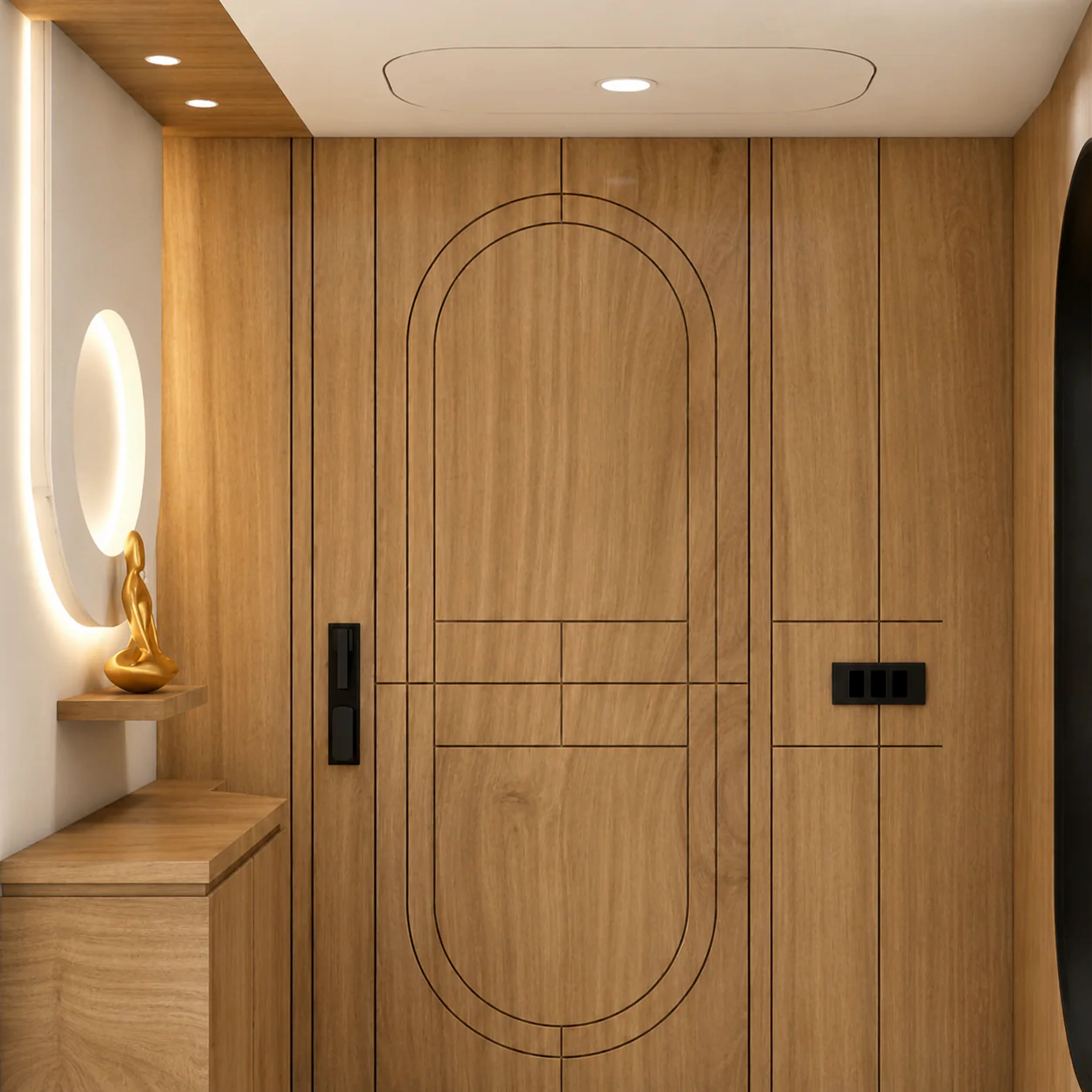 Soft Divide wood door detail with rounded geometric grooves and warm lighting