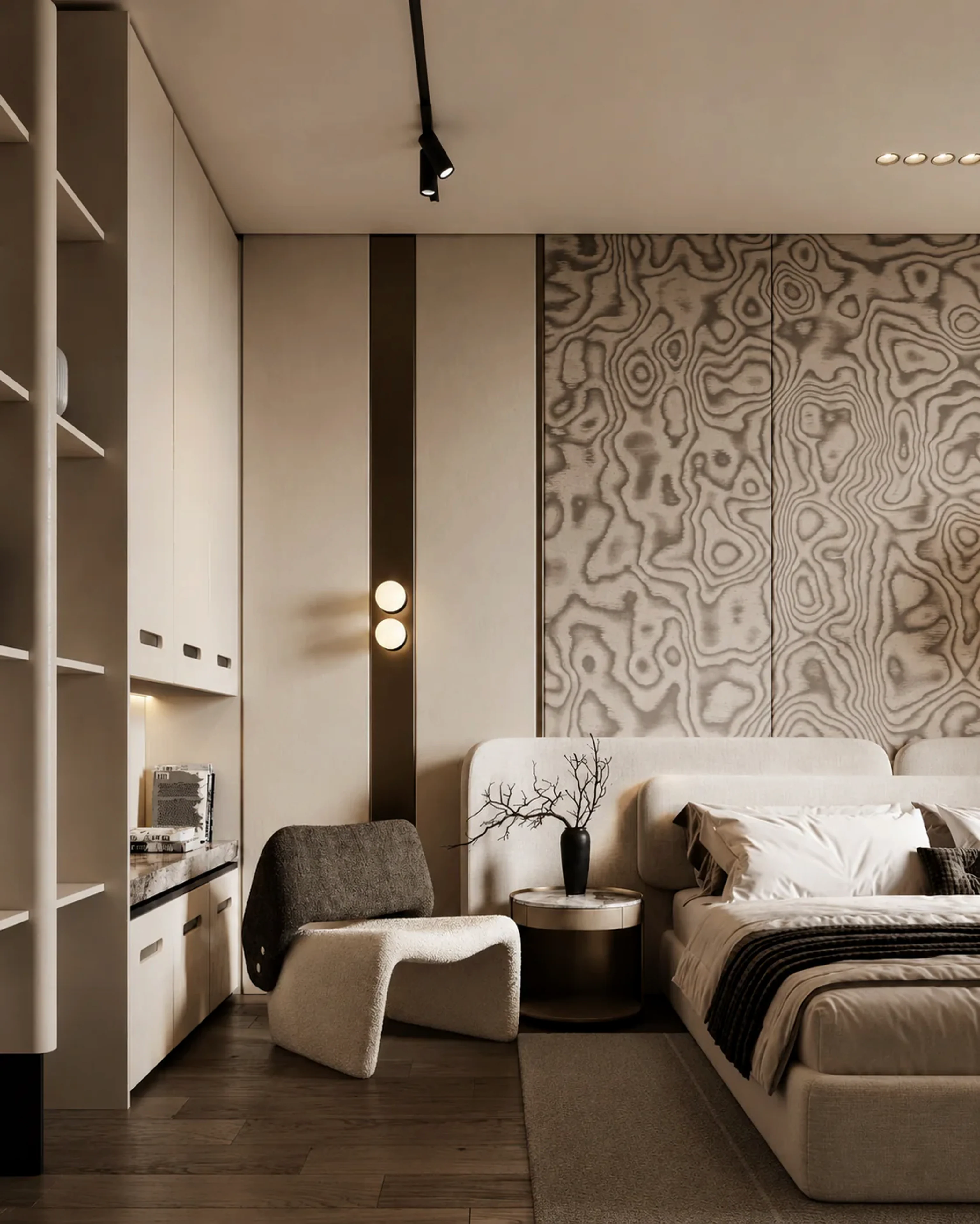 Stillstone bedroom with organic wall texture, soft chair, warm wood floor, and quiet lighting