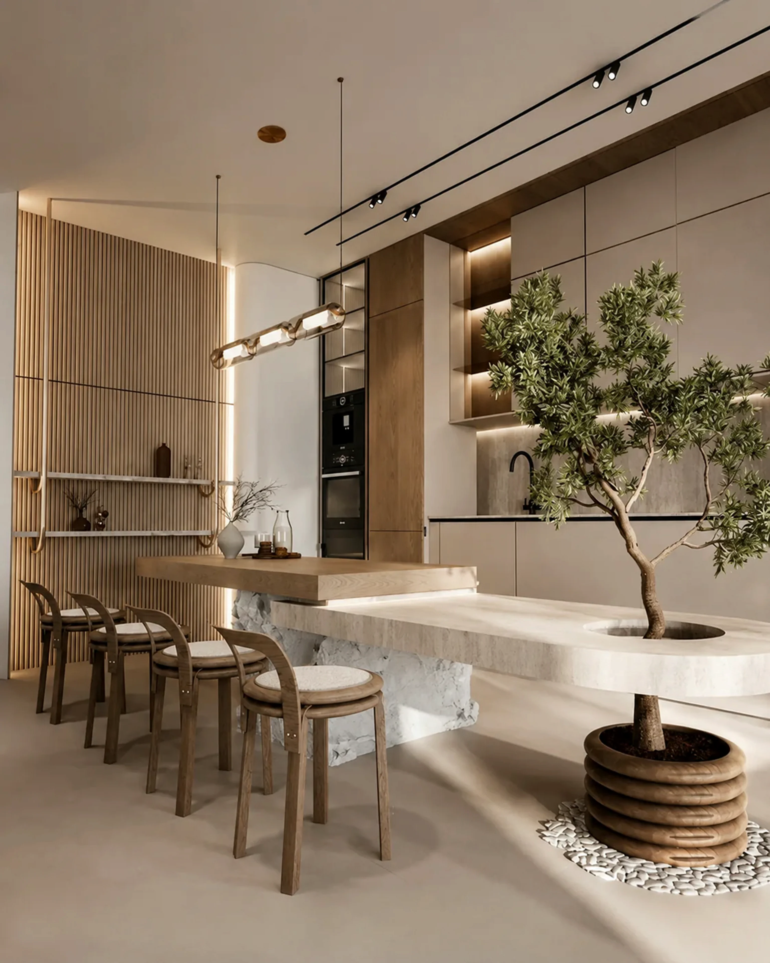 Stillstone kitchen and dining area with indoor tree, sculptural island, and warm wooden textures