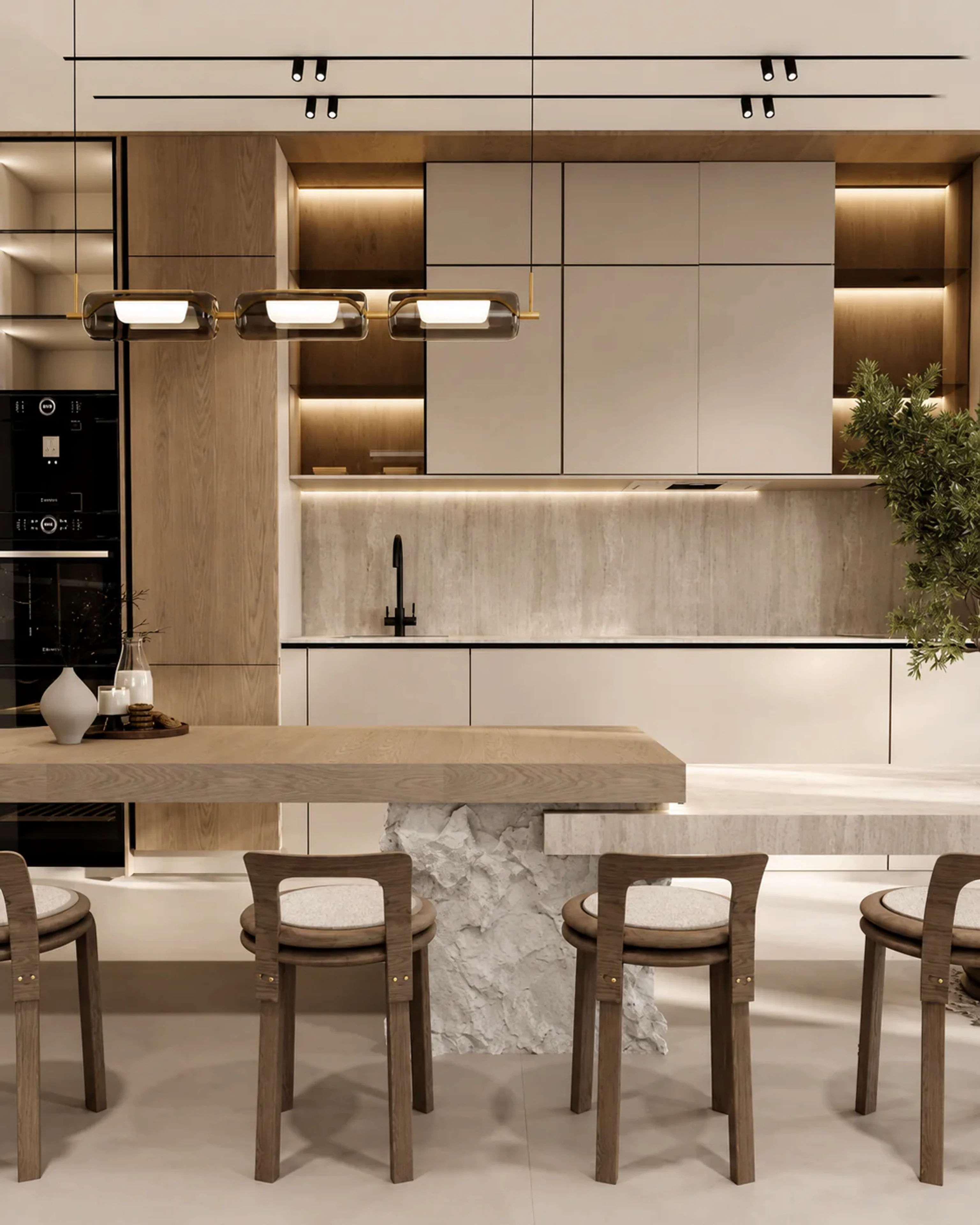 Stillstone kitchen with warm wood cabinetry, soft lighting, and minimal contemporary lines