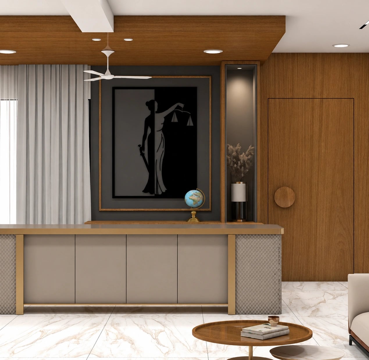 The Balance reception with a framed Lady Justice artwork, brass-framed console, and warm timber panelling