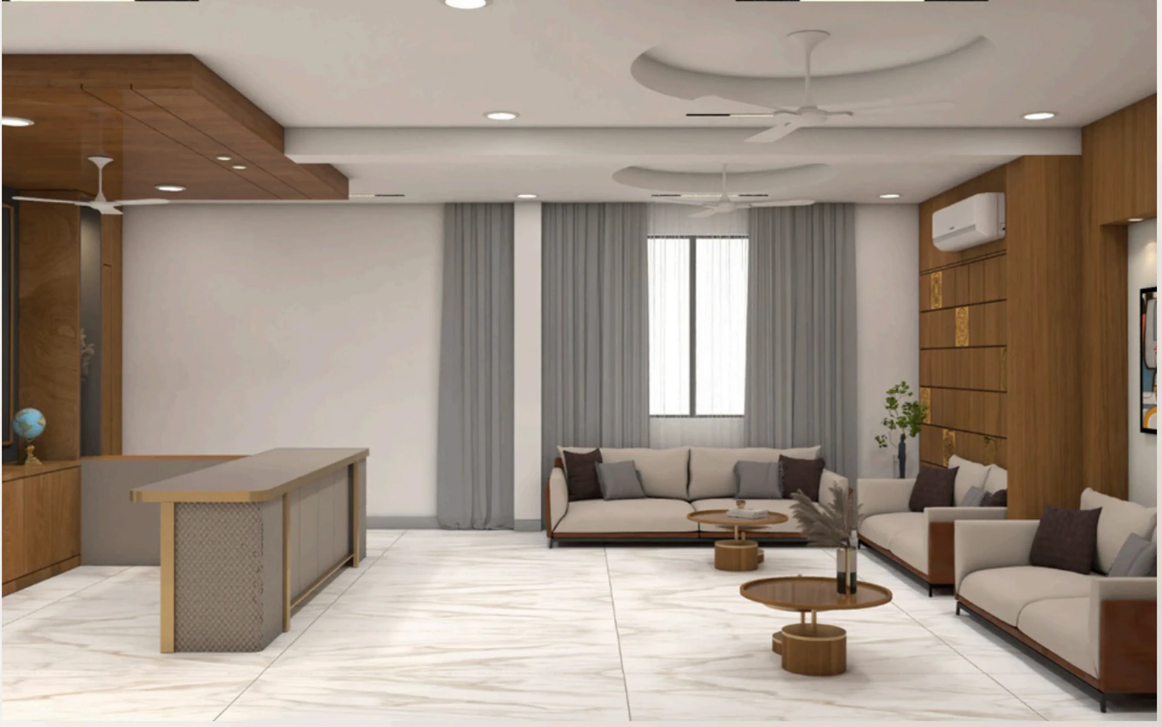 The Balance open living lounge with paired sofas, a reception counter, sheer grey drapery, and marble flooring