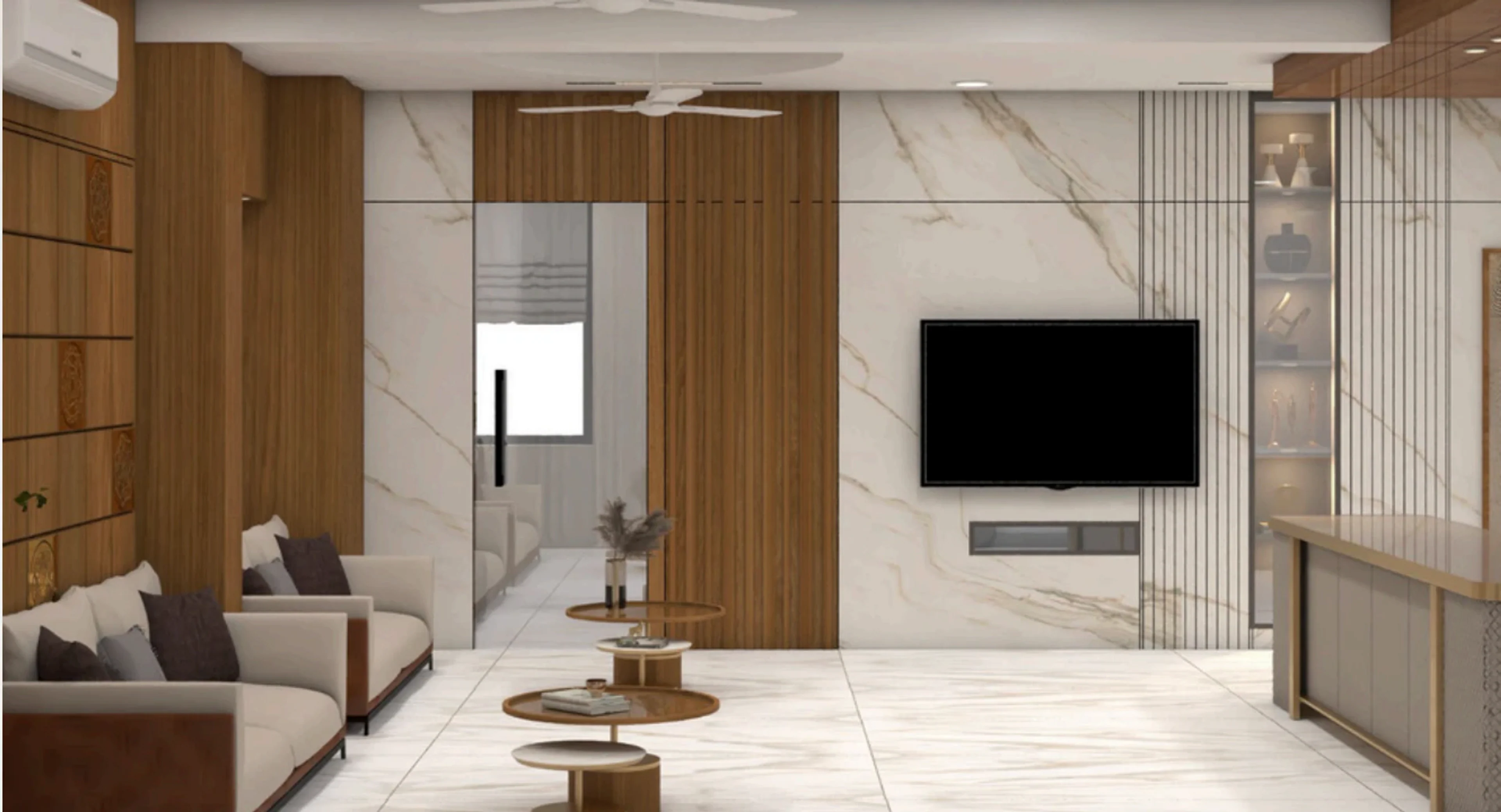 The Balance media wall in book-matched marble with a fluted timber partition and a lit display cabinet