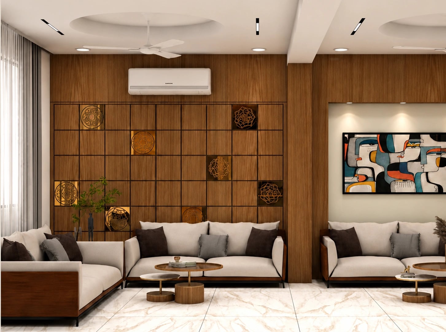 The Balance living room with a timber grid feature wall inset with brass medallions and an abstract face artwork