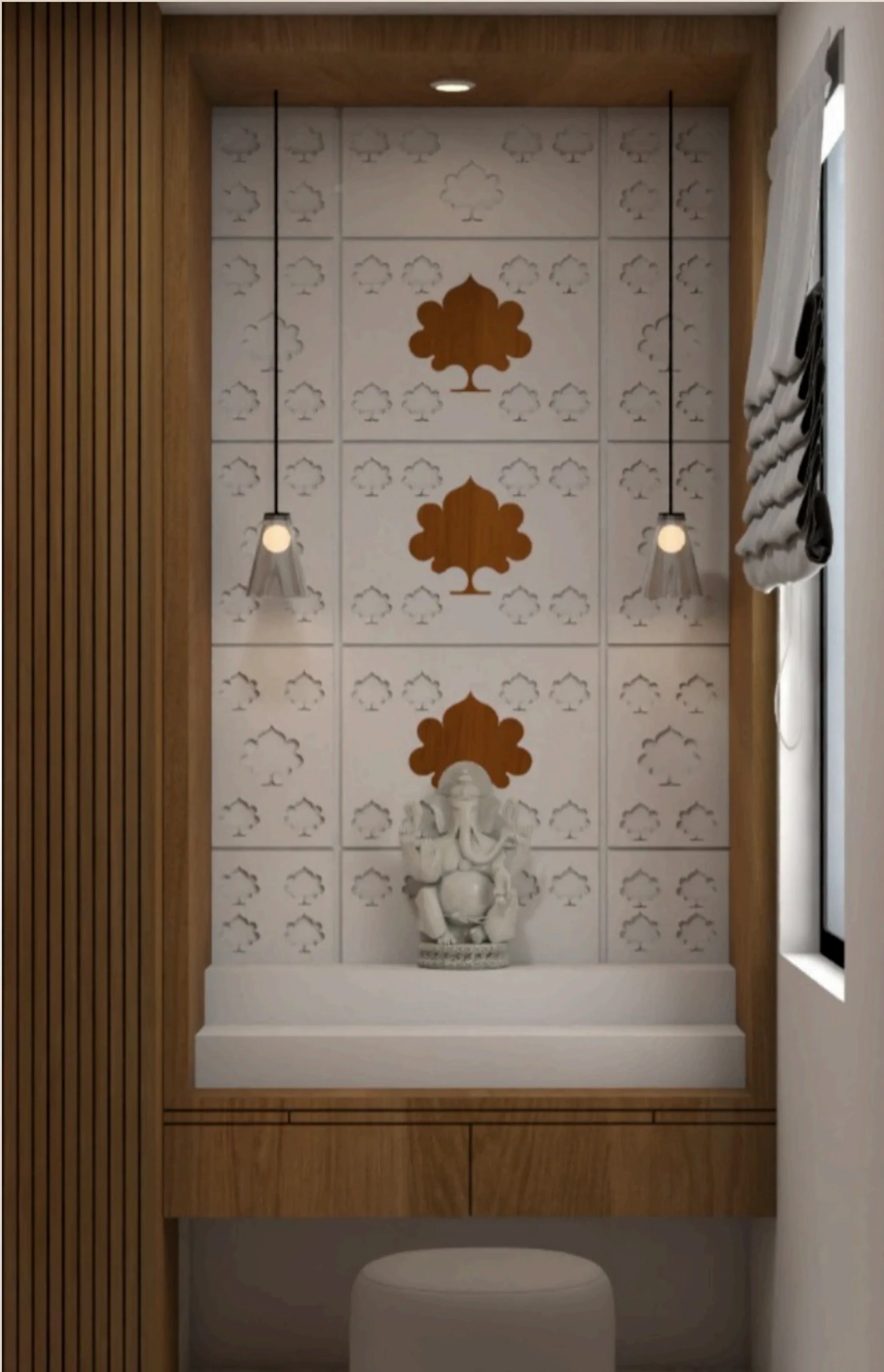 The Balance pooja niche with a carved white jaali backdrop, timber tree motifs, pendant lights, and a Ganesha idol