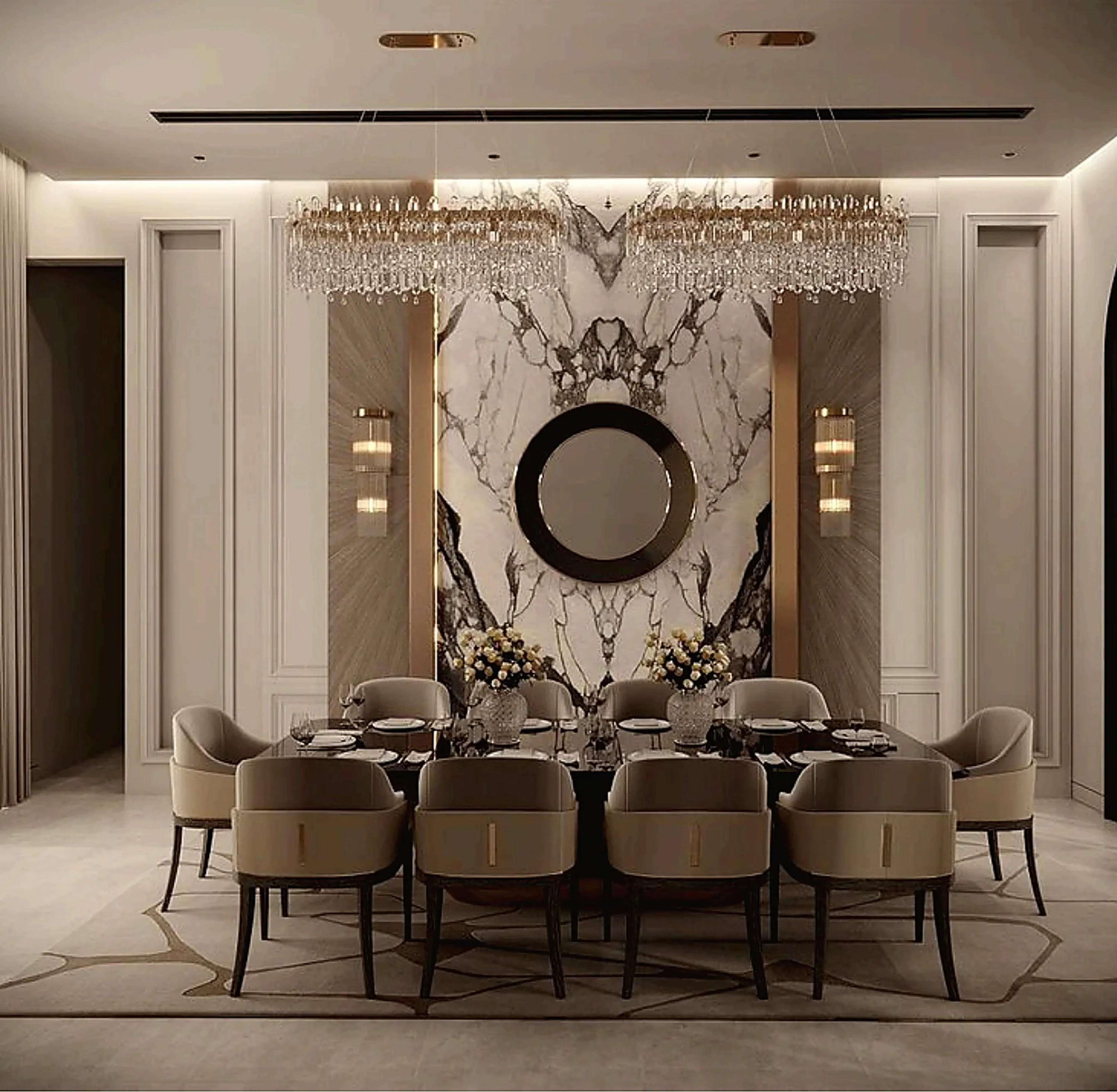The Celeste dining room with crystal chandelier, marble feature wall, and classical Italian detailing
