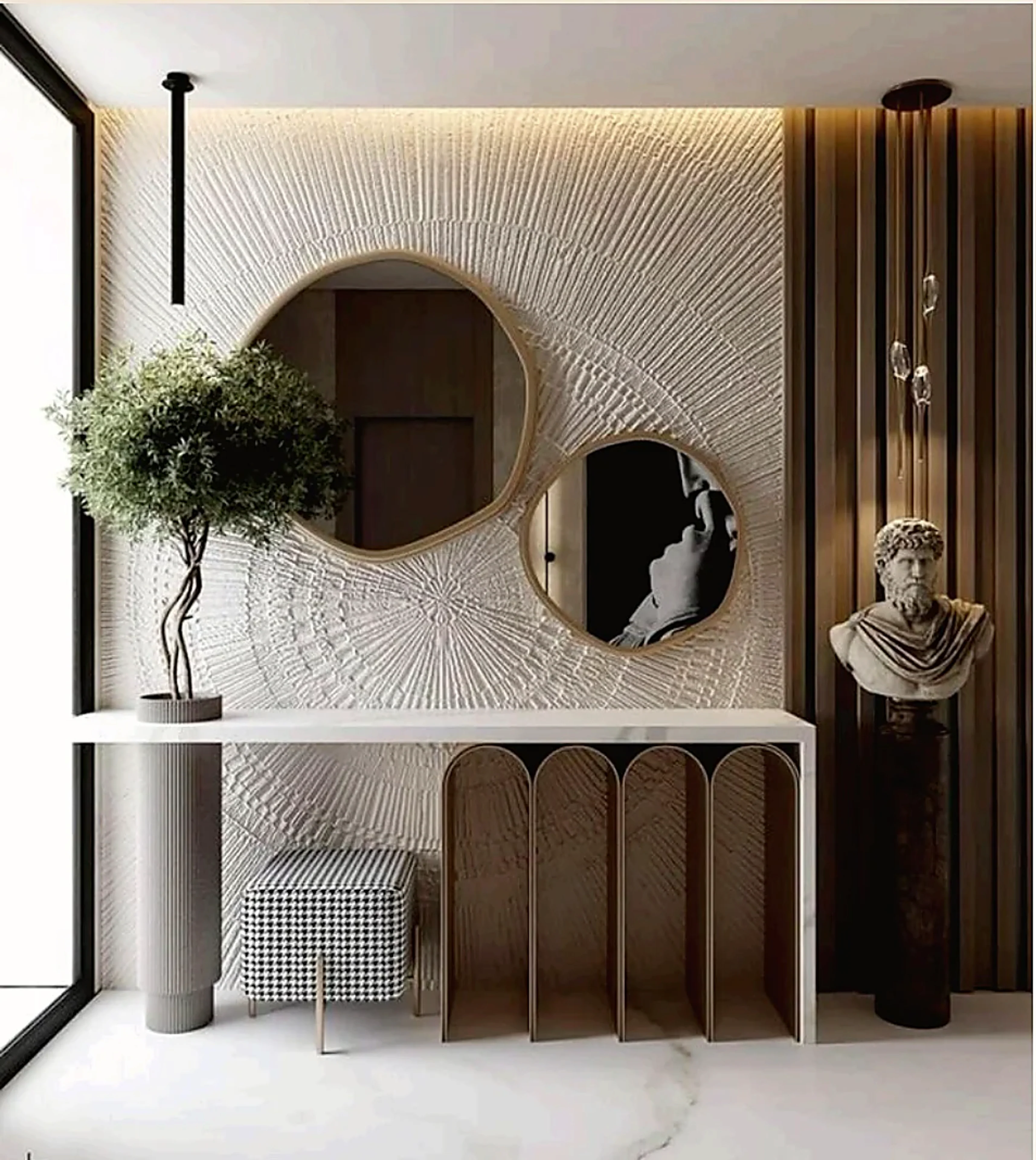 The Celeste entry console with Roman bust, arched textures, mirrors, and warm wood accents