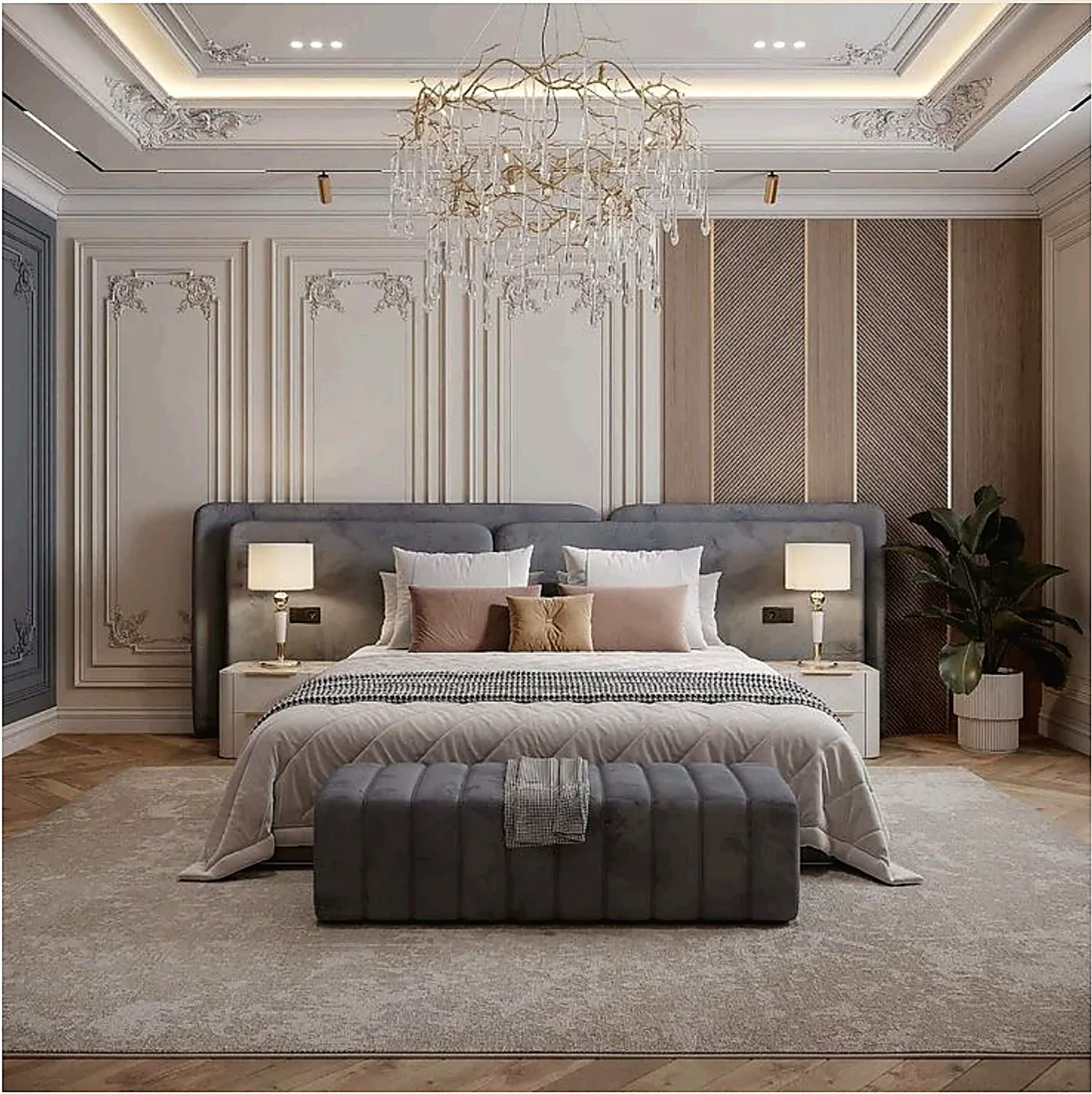 The Celeste bedroom with ornate ceiling detail, layered wall panels, and an elegant chandelier