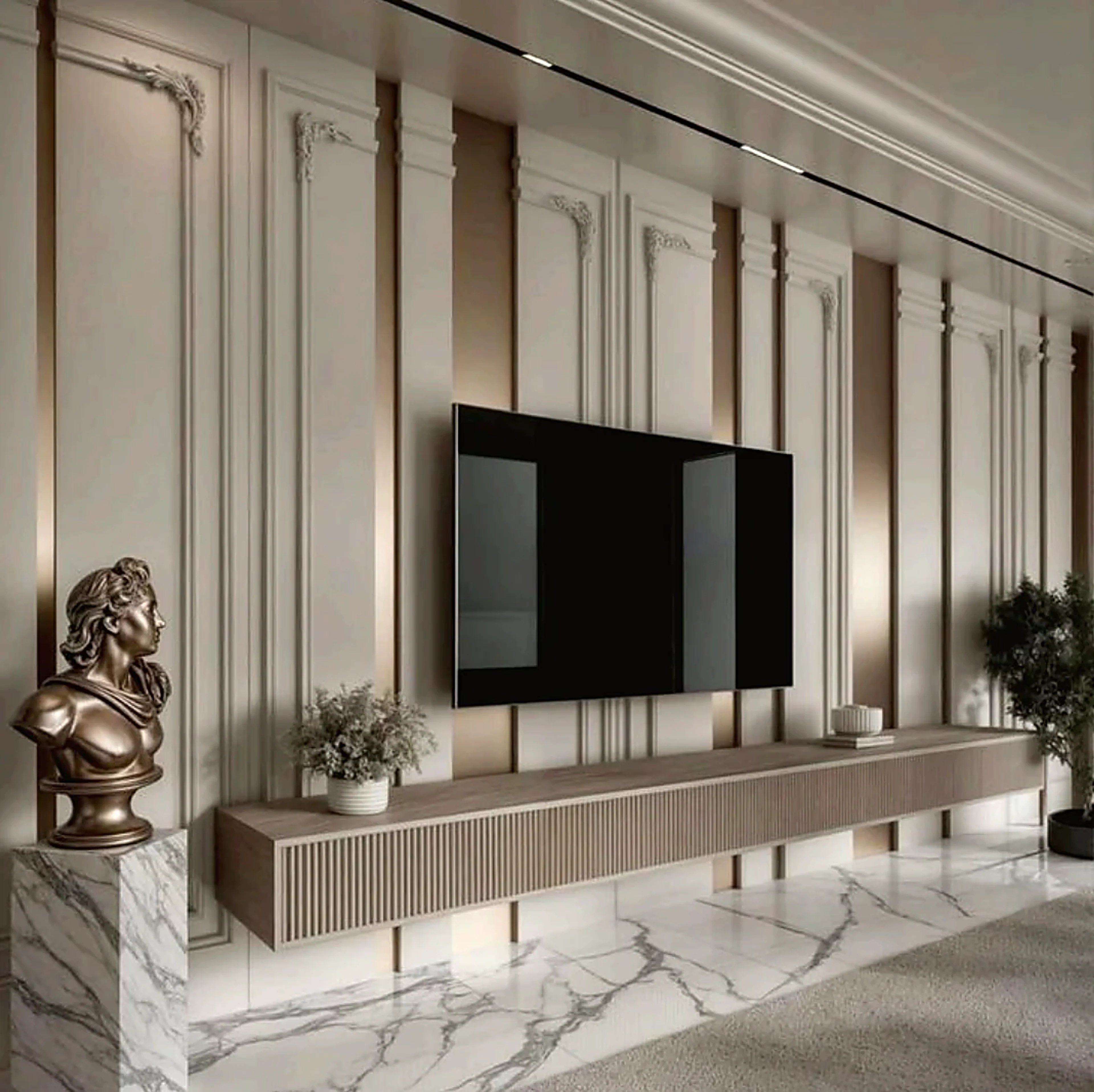 The Celeste TV wall with Roman-inspired panels, marble floor, and sculptural bust detail