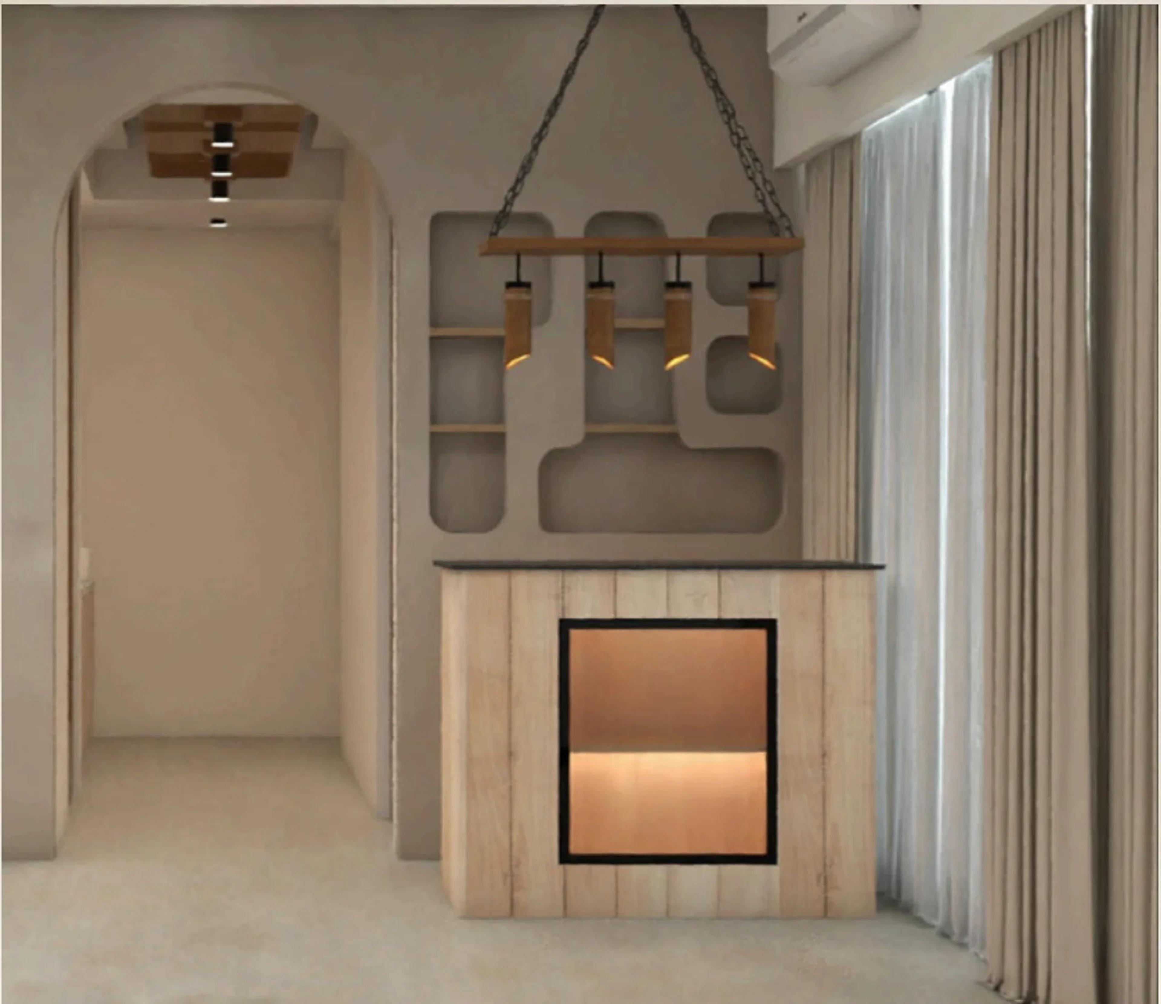 The Quiet Home bar niche with an arched passage, built-in shelving, timber joinery, and pendant lighting