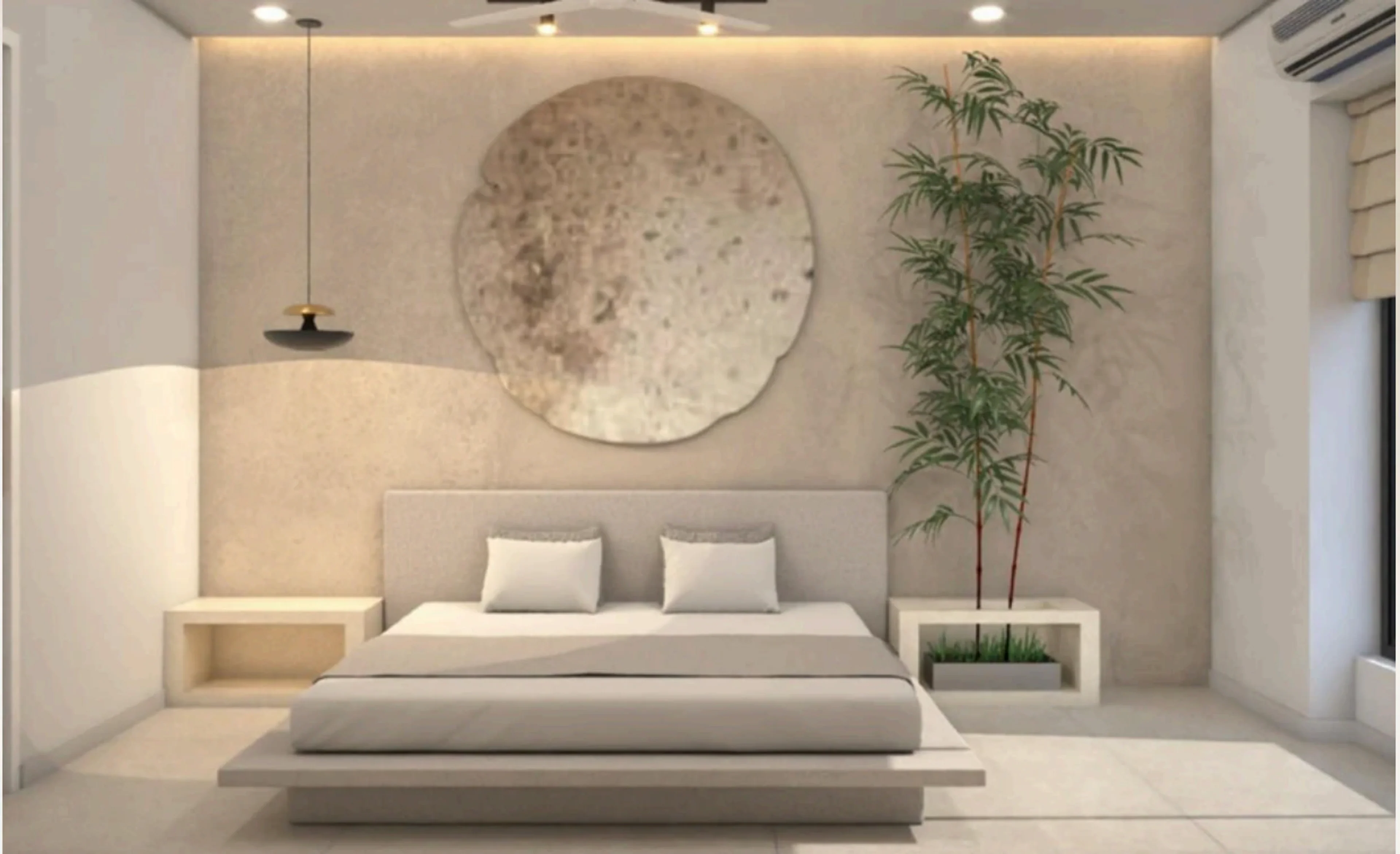 The Quiet Home bedroom with a textured feature wall, pale upholstery, a round wall detail, and biophilic planting