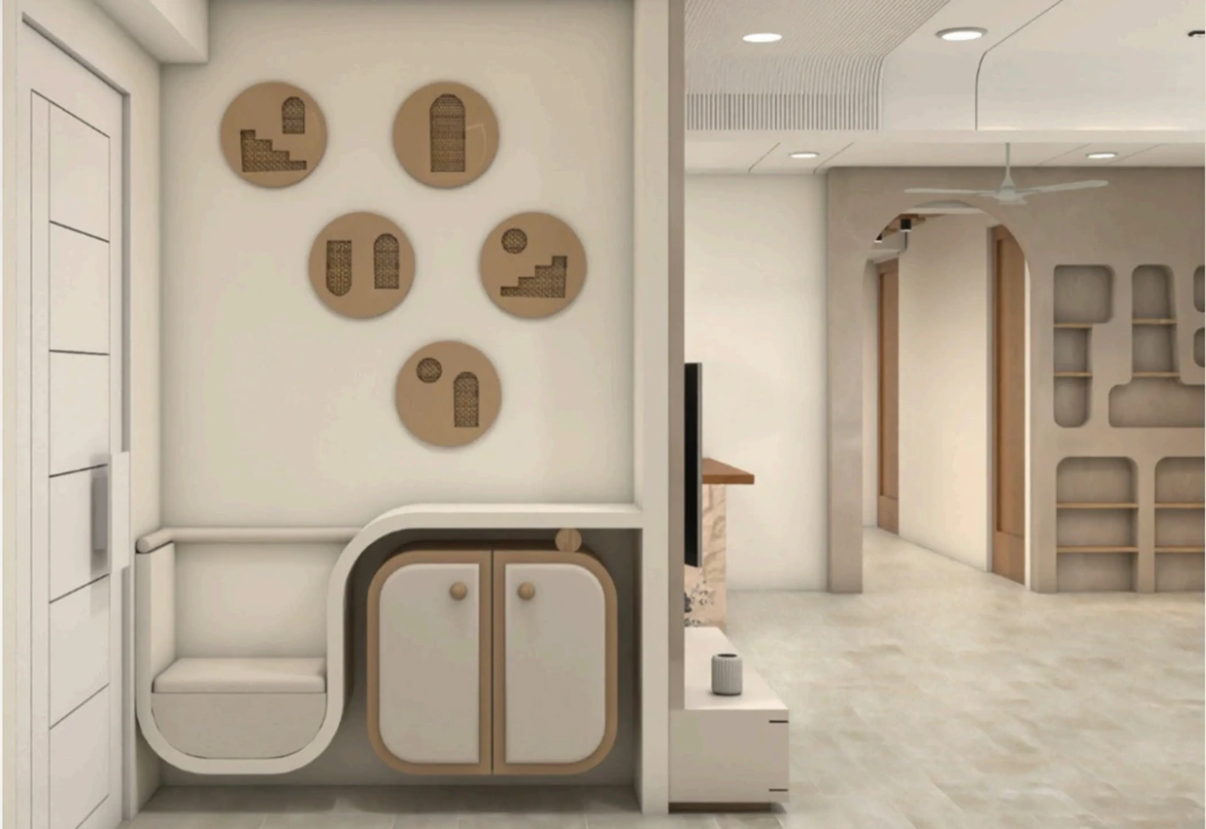 The Quiet Home entry with curved storage, rattan wall details, and a light-filled circulation space