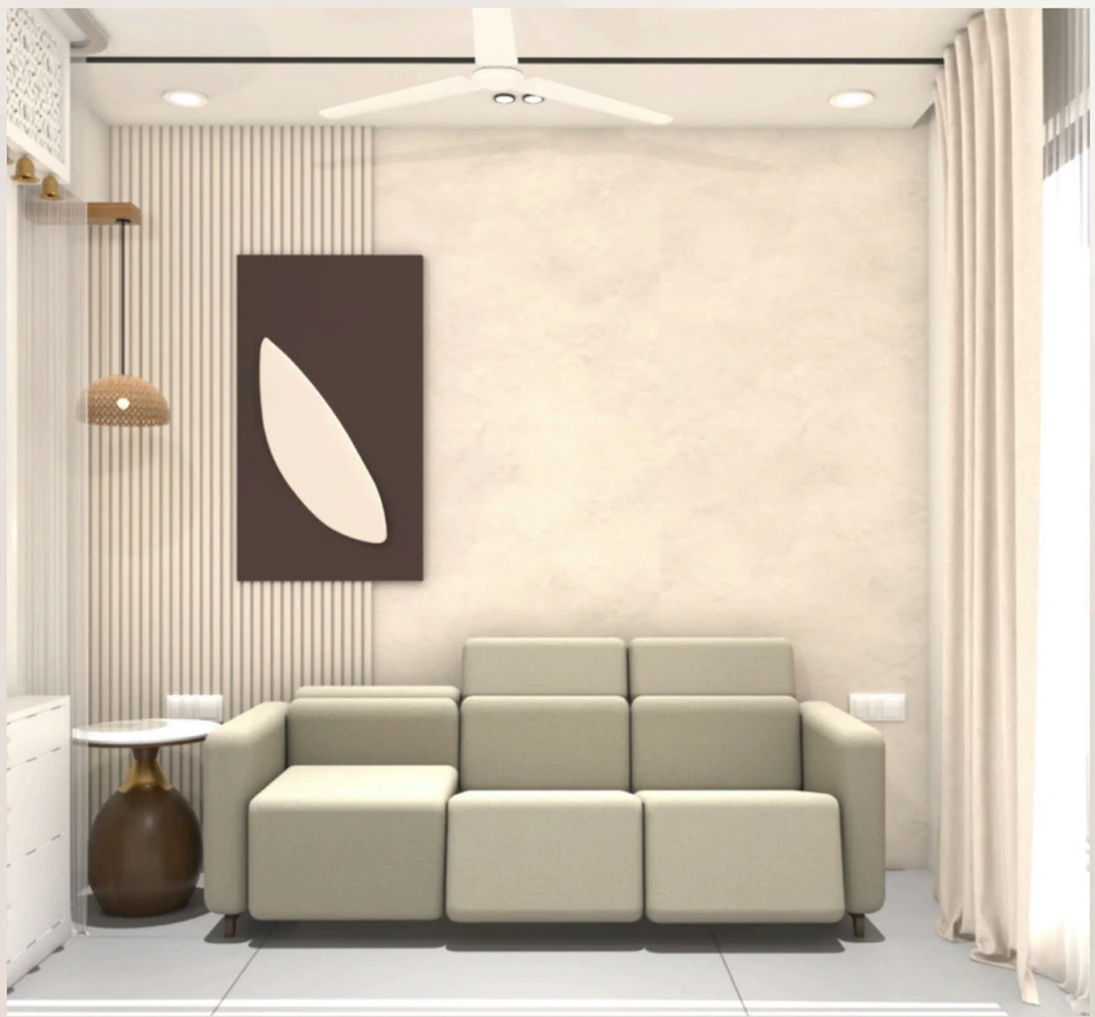 The Quiet Home lounge with calm neutral seating, sculptural artwork, and soft natural light