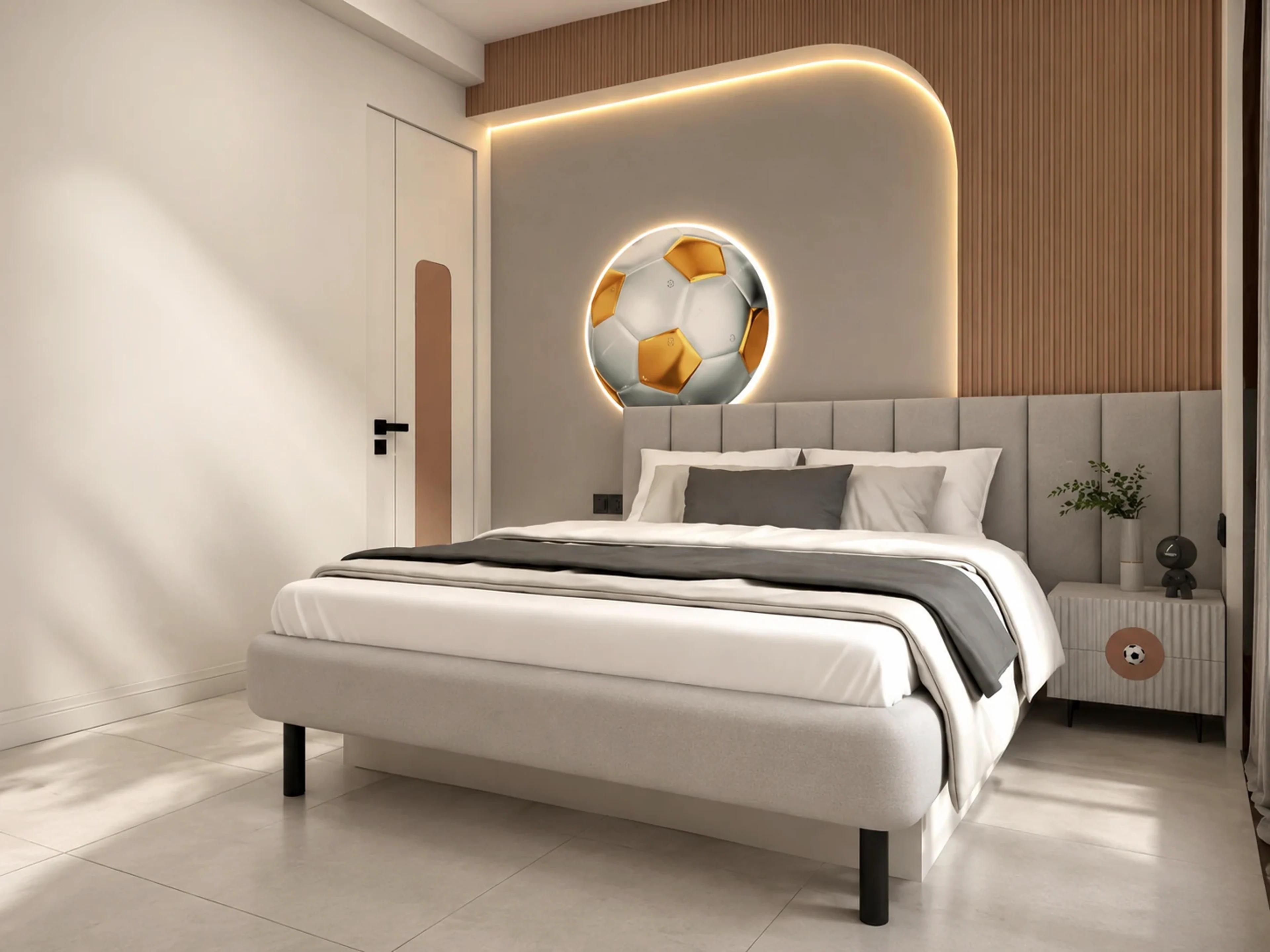 Veda residence bedroom with a sculptural football feature wall, timber slats, and warm cove lighting