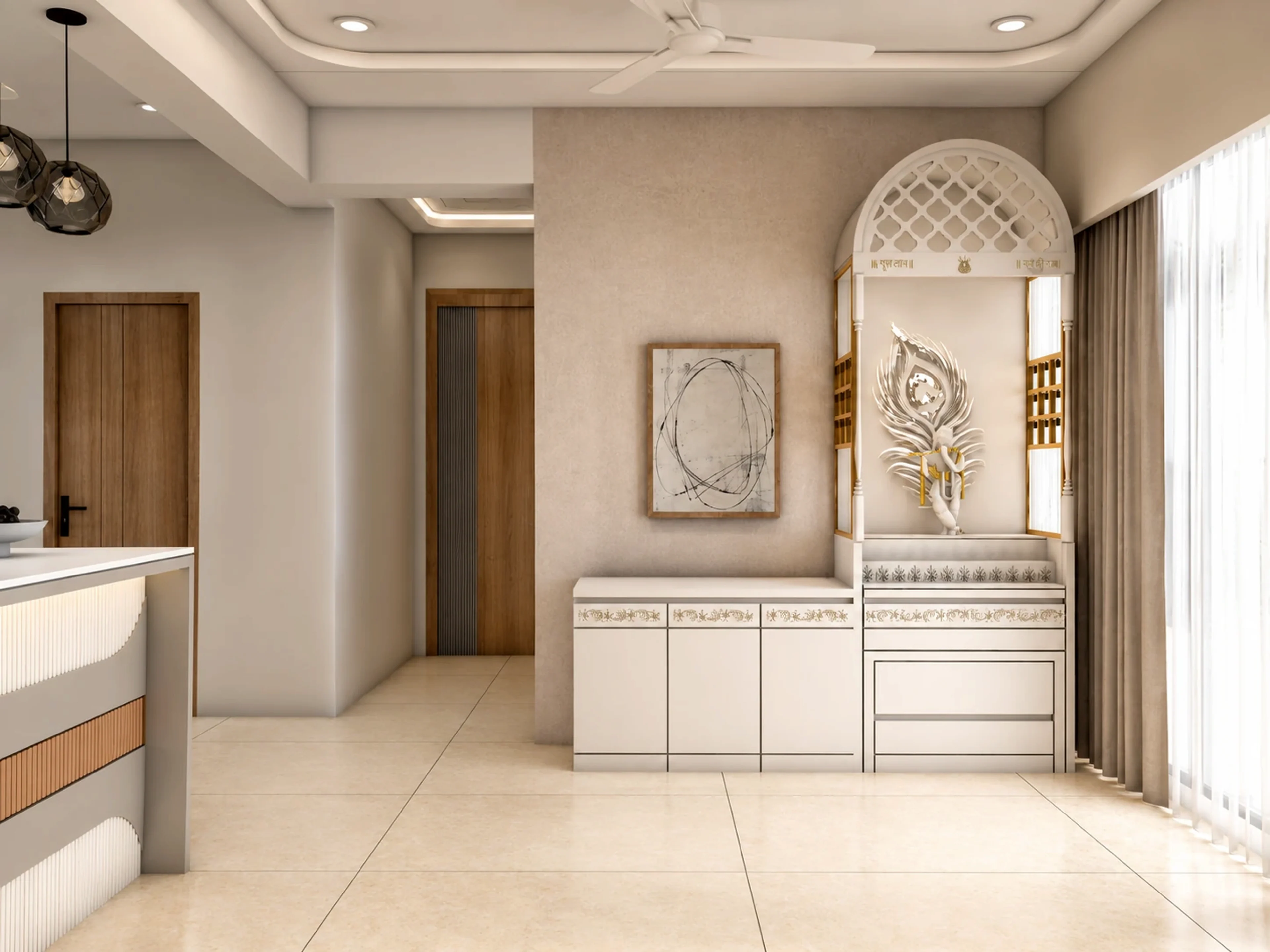 Veda residence pooja area with a sculptural white shrine, warm wood details, and soft daylight